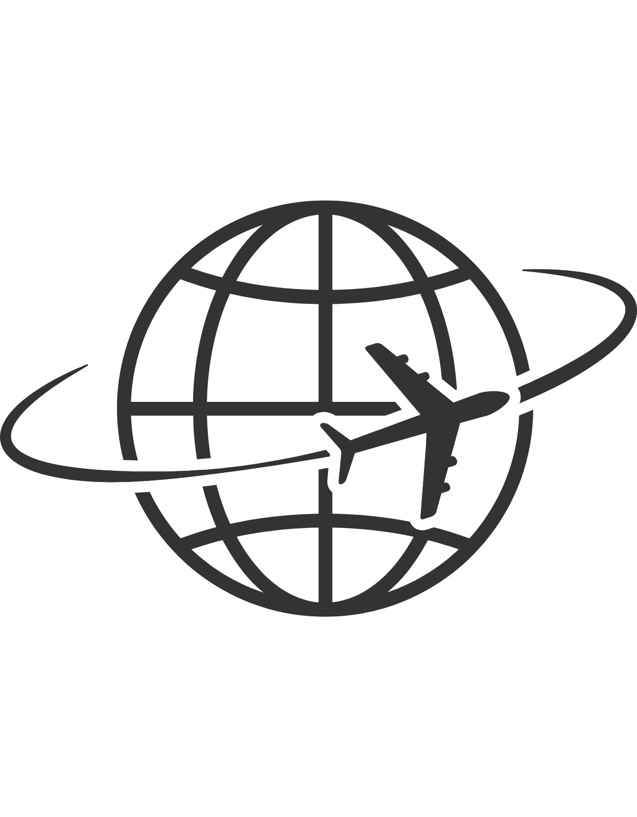 Outline of a globe with latitude and longitude lines, and an airplane flying around it.