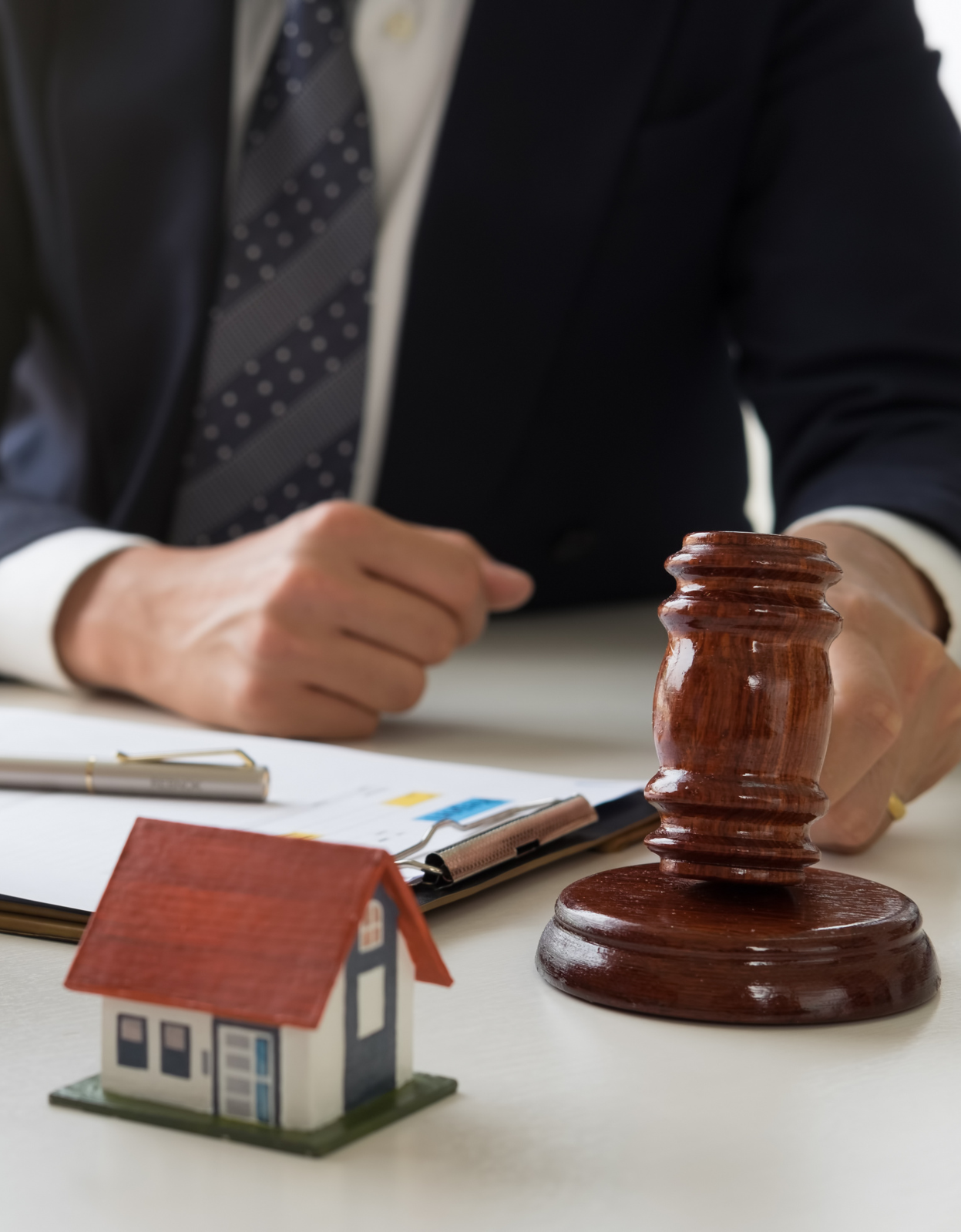 A person in a business suit sitting at a table with a gavel, a model house, and documents, suggesting a legal or real estate setting.