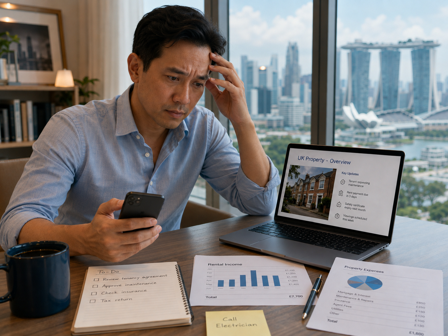 A man sitting at a desk, holding a smartphone, looking stressed with his hand on his forehead, surrounded by financial documents and a laptop with a housing overview on the screen, in an office with a view of a city skyline.