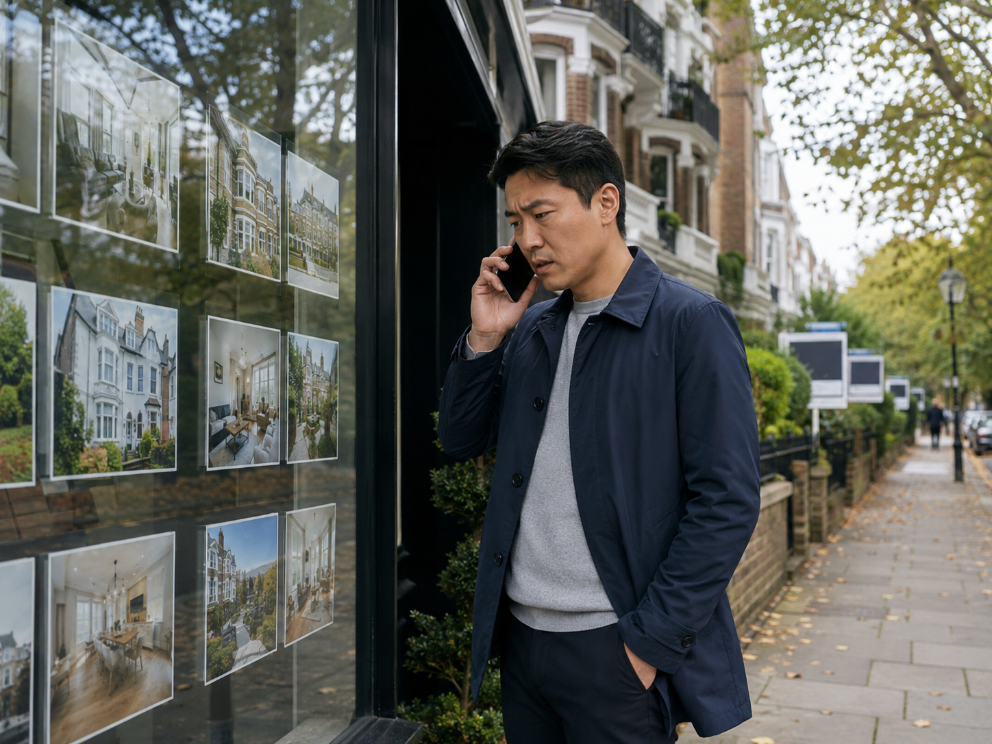 A man in a navy coat looks at house listings on a glass window while talking on his cell phone on a residential street with trees and row houses.