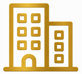 Line drawing of two gold office buildings with multiple windows, one taller than the other.