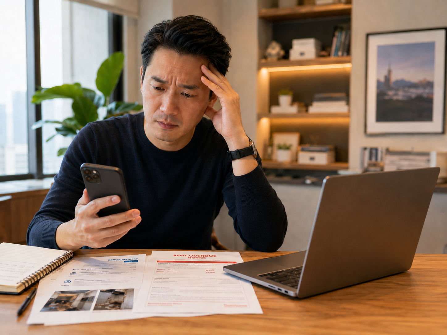 A man with dark hair sitting at a desk looking worried at his phone. On the desk are documents, a notebook, a pen, an open laptop, and a rent overdue notice. The background includes a bookshelf, a large plant, and framed art.