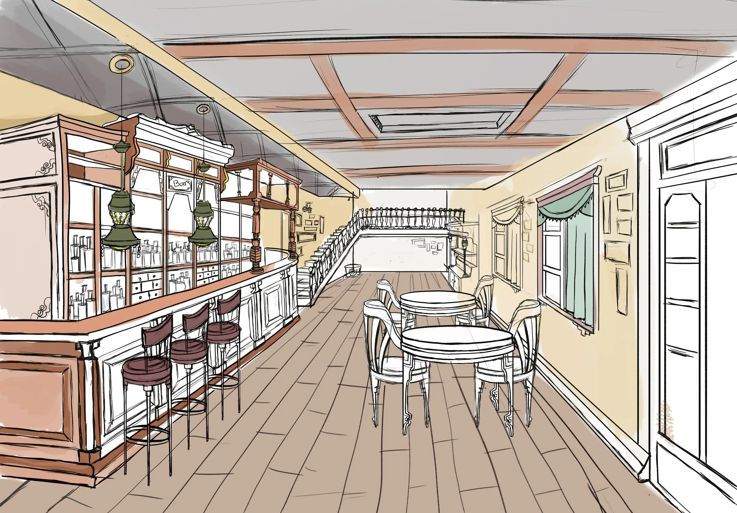 Sketch of a cozy restaurant interior with a bar area, wooden furniture, and a staircase leading to an upper level. Decor includes green curtains and hanging pendant lights.