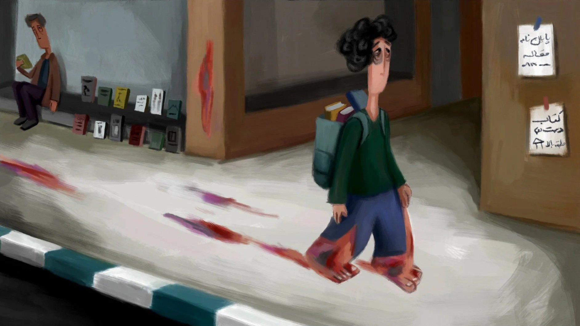 A cartoon-style illustration of a boy walking in a school hallway, carrying books in a backpack. There are bookshelves and bulletin boards on the walls, with posters and notices, and a tile floor with paint streaks.