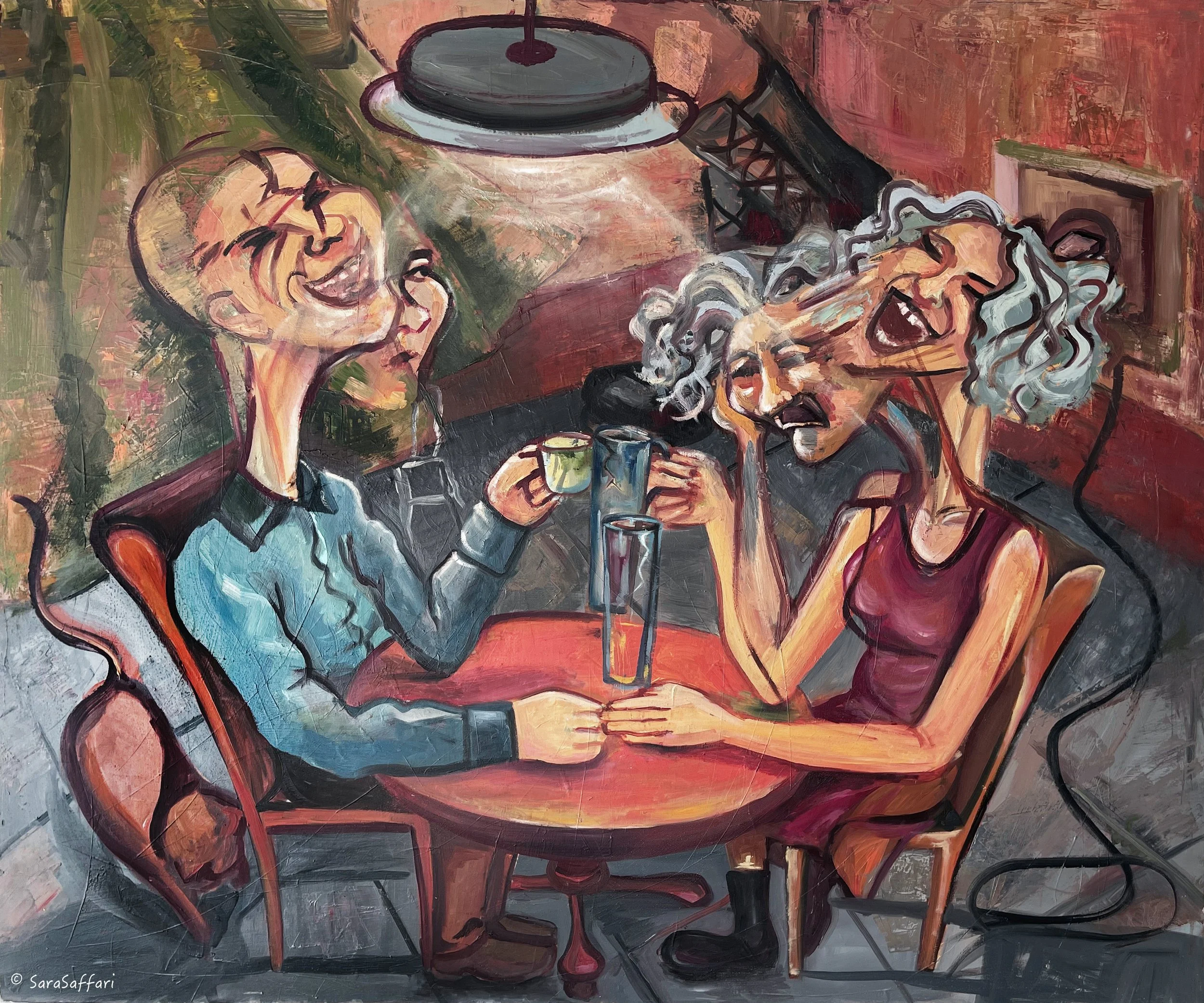 An abstract painting depicting two women laughing and talking at a table in a restaurant or cafe. One woman has curly gray hair and is holding a cooking pot, while the other woman has short hair and is holding a glass. The background features warm hu
