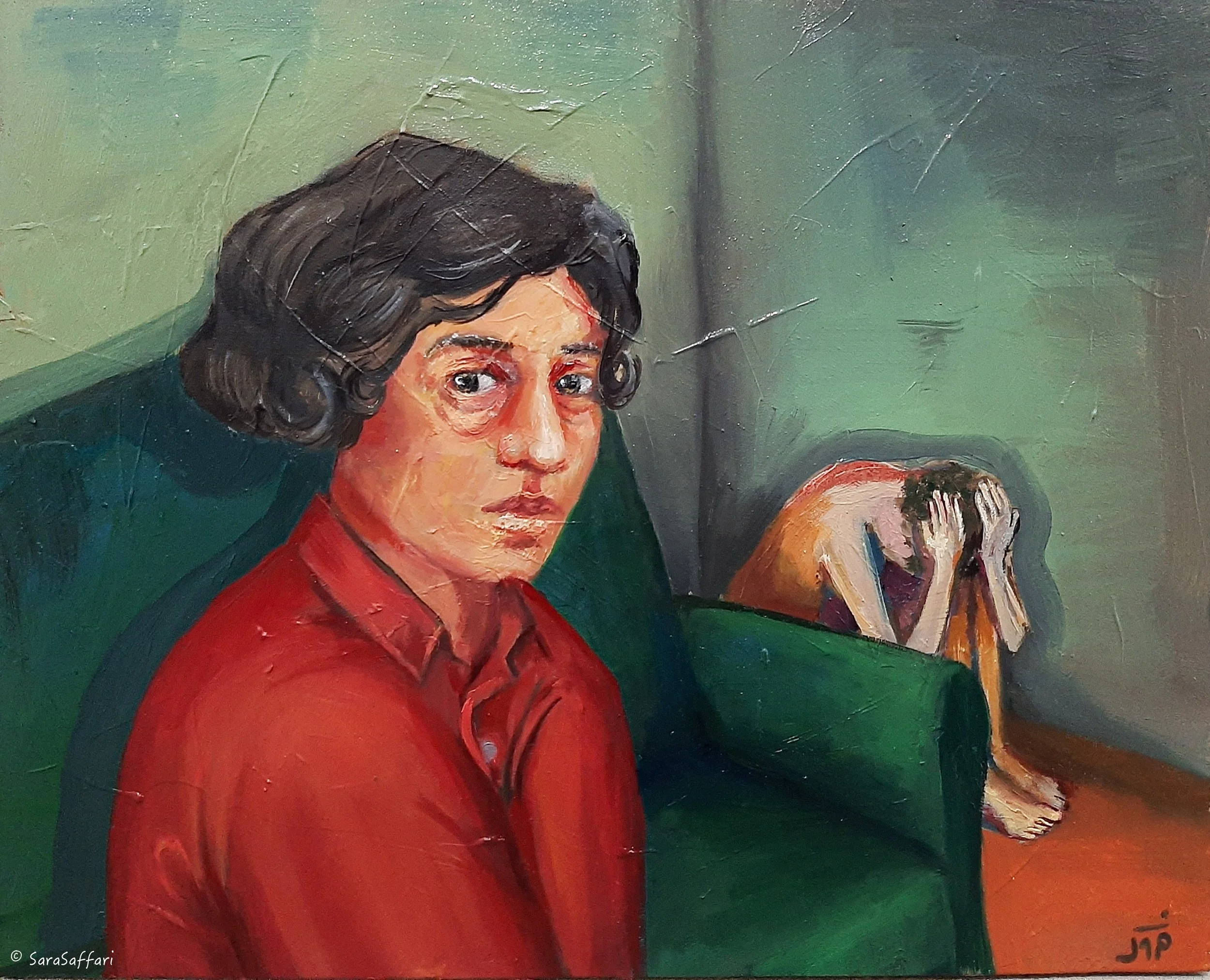 Close-up of a painting showing a woman with dark hair, wearing a red top, with a serious expression, against a green background.