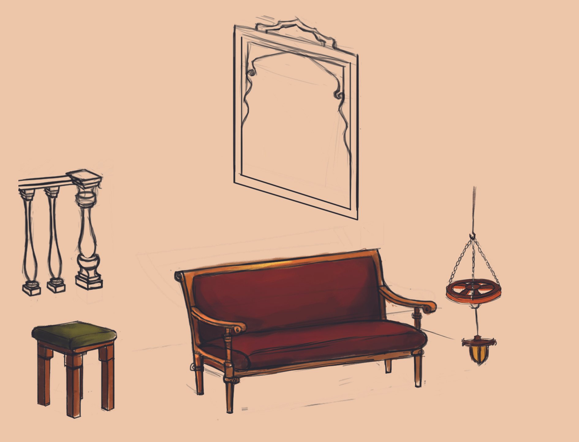 A sketch of vintage furniture including a set of small tables, a wooden bench with a red cushion, a framed mirror, a hanging lantern, and a small side table.