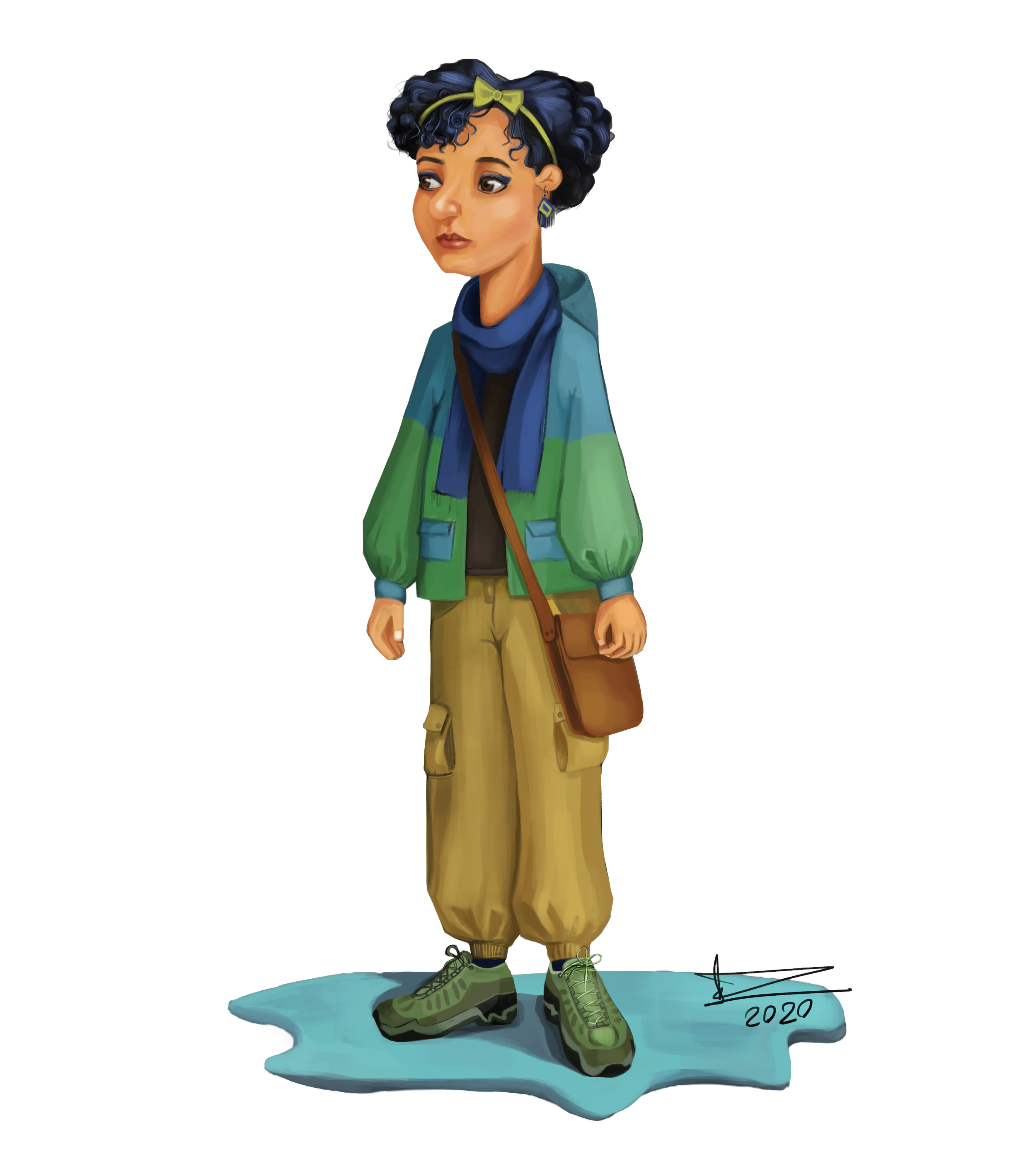 Digital illustration of a young woman with dark curly hair wearing a yellow headband, blue scarf, green and blue jacket, tan cargo pants, and green hiking shoes, standing on a blue puddle-shaped platform with the artist's signature and the year 2020.