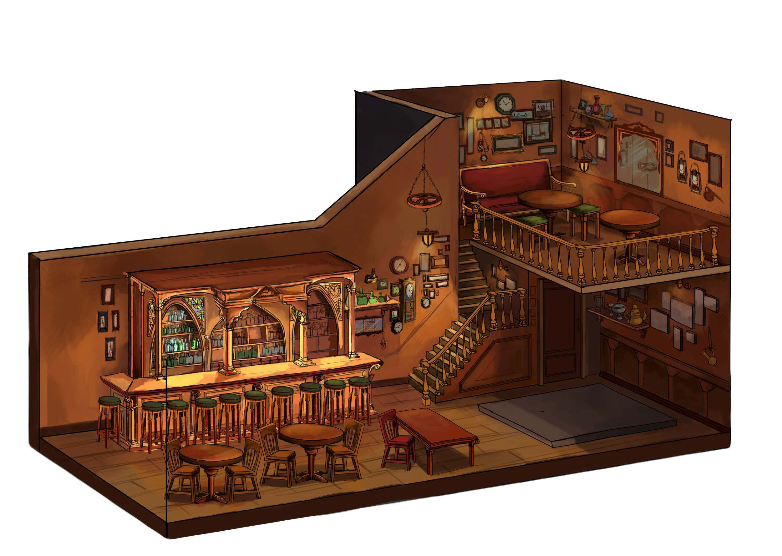 An illustrated interior of a cozy bar with a staircase and a balcony. The bar has chairs and stools, with pictures and decorative items on the walls.