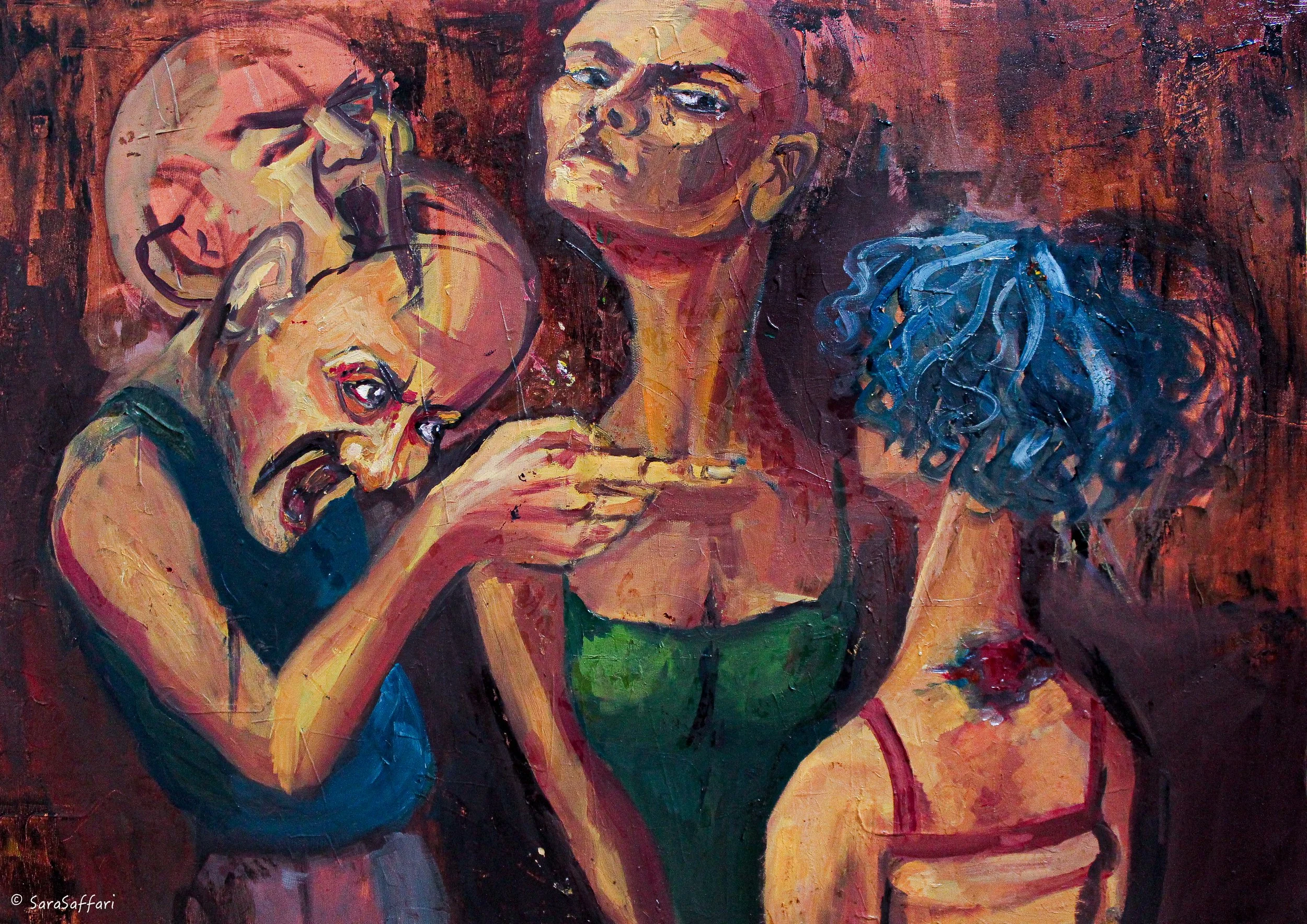 An oil painting of three women in a close embrace, with expressive brushstrokes and vibrant colors. The women have different hairstyles and are depicted with emotional expressions, blending realism and abstract art styles.