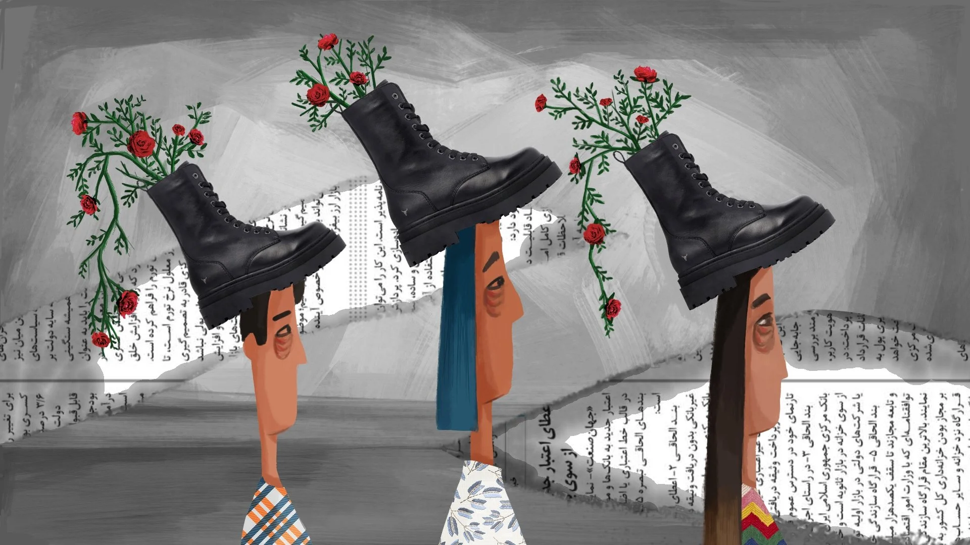 Illustration of three people with heads shaped like written documents, wearing black combat boots on their heads like hats, with red roses and green plants growing from the boots.