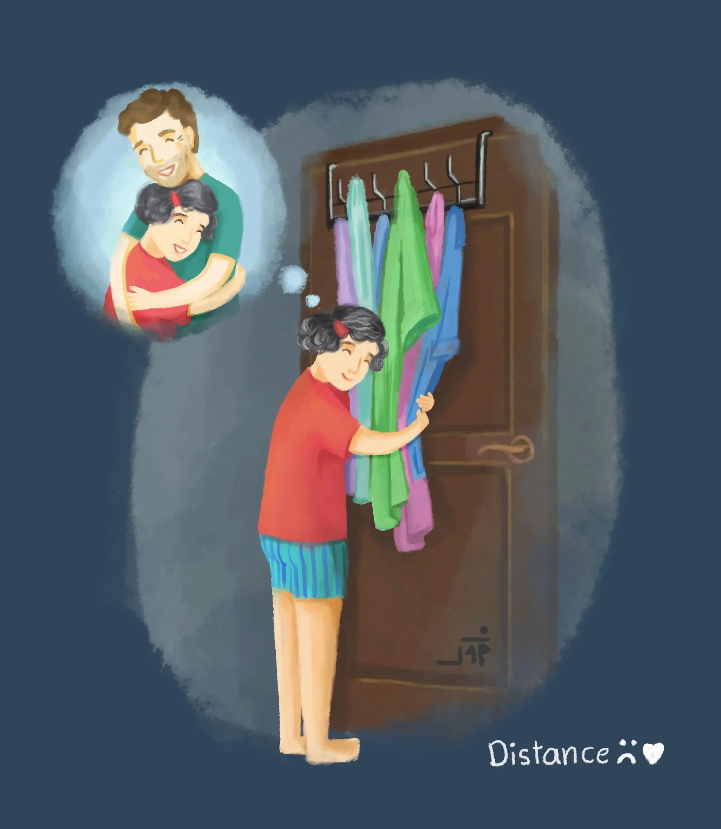 Illustration of two people standing apart, with a sign that reads 'Distance' and a heart symbol, indicating physical distancing.