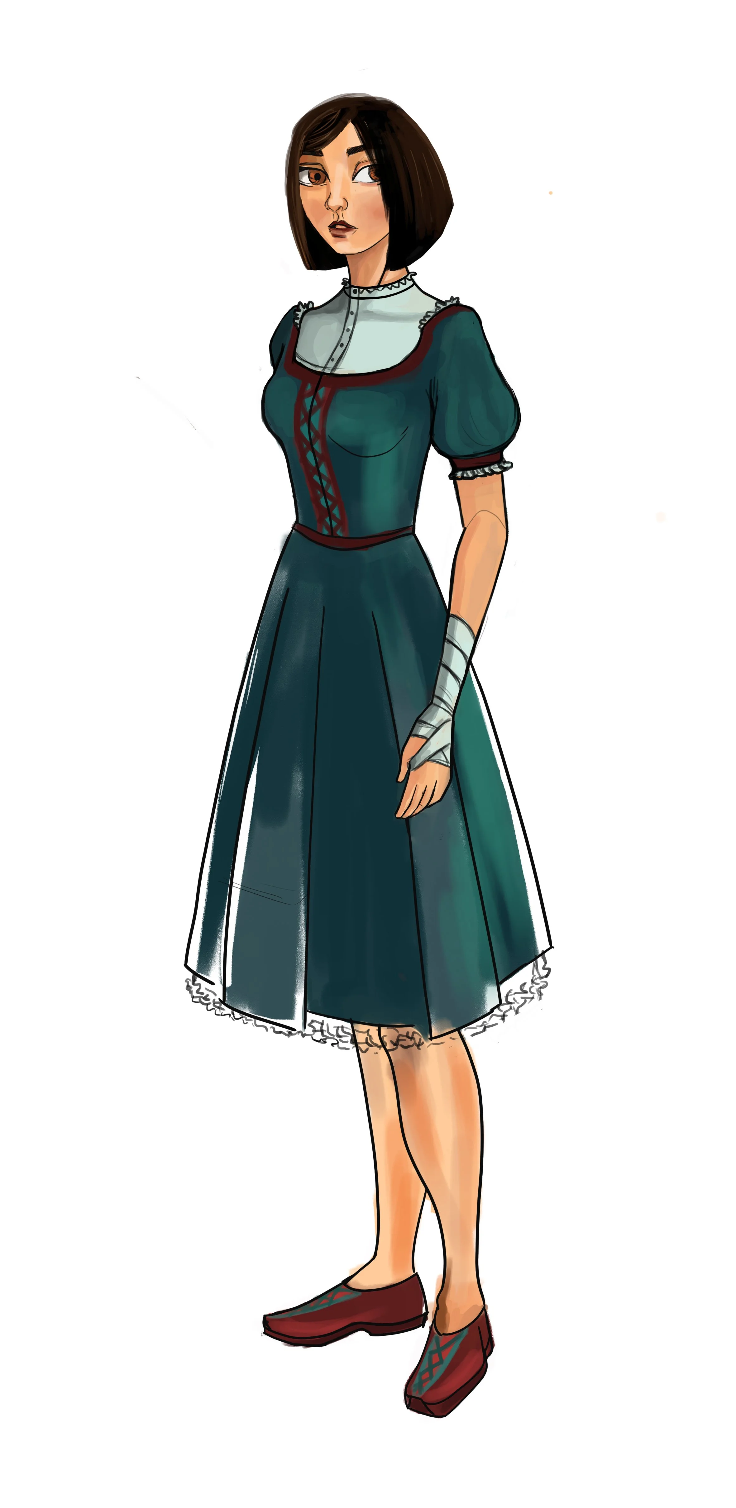 A young woman with dark shoulder-length hair wearing a vintage teal dress with puffed sleeves, lace details, and a laced bodice, standing against a plain white background.