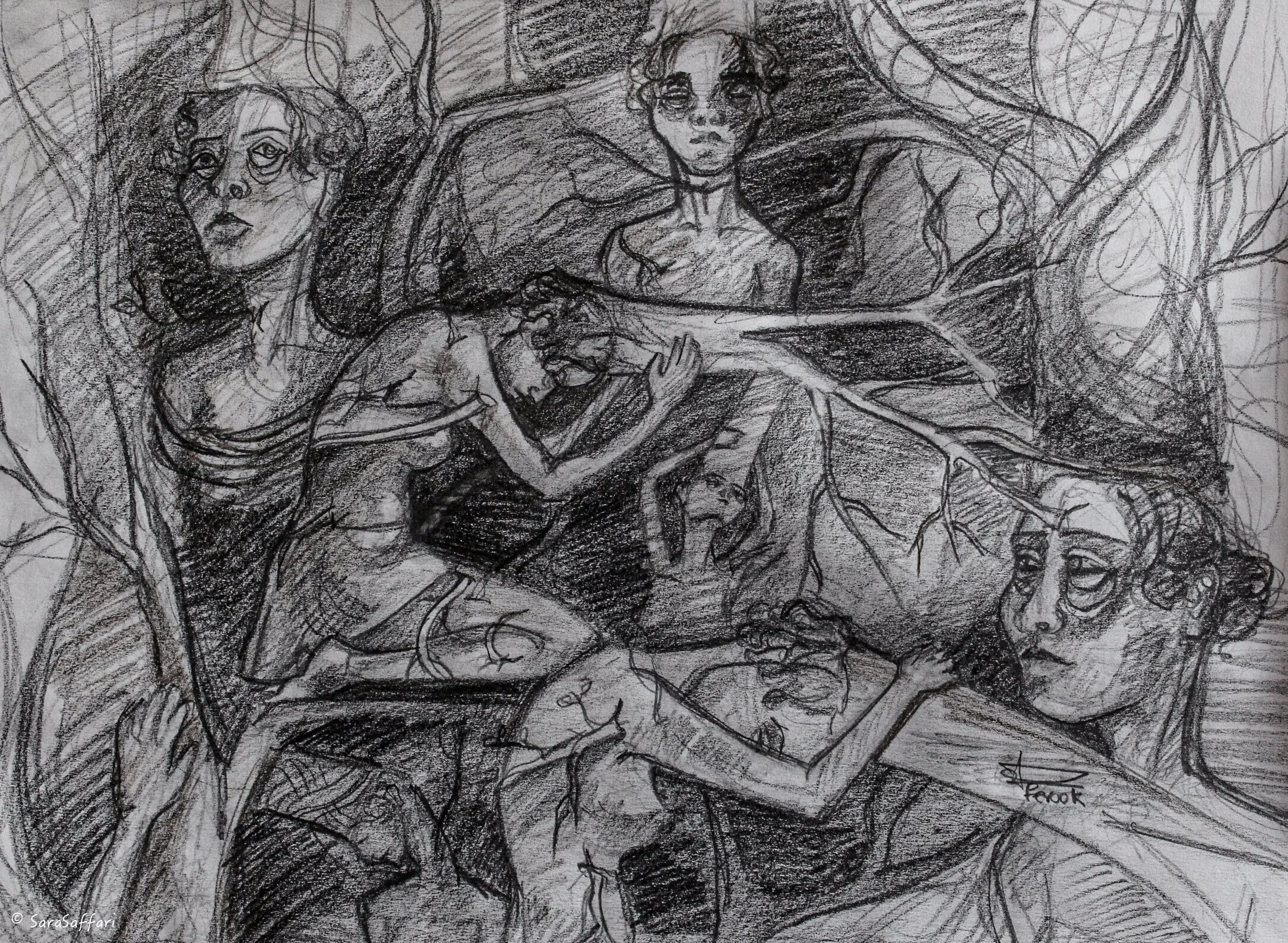 A black and white sketch drawing of various human faces in a chaotic composition, with some faces detailed and others more abstract, surrounding the central figure of a woman with curly hair and prominent features.