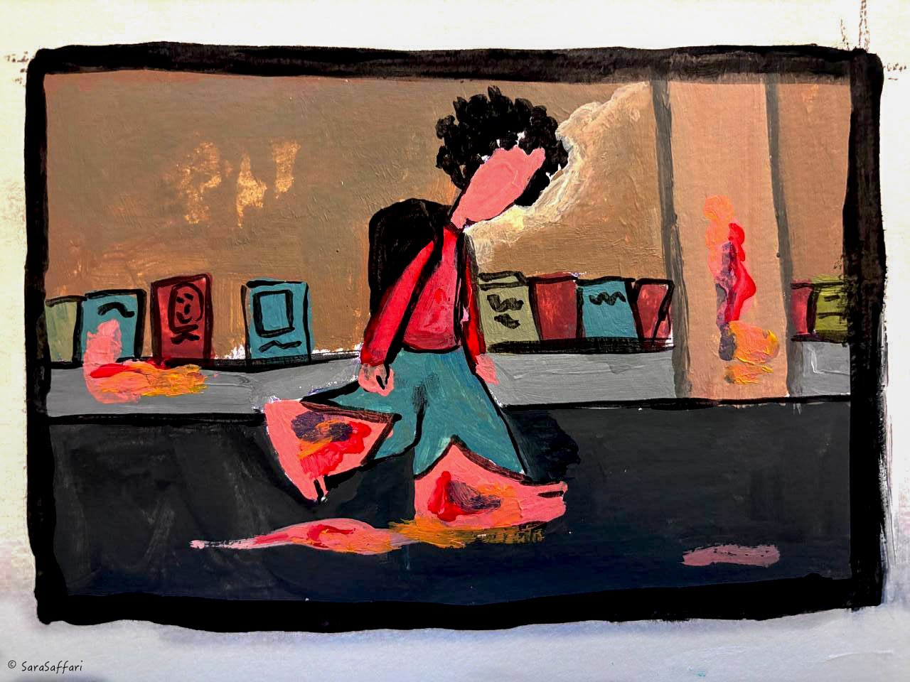 A colorful abstract painting of a woman walking in front of a row of shops, with smoke coming from her mouth and a shopping bag in her hand.