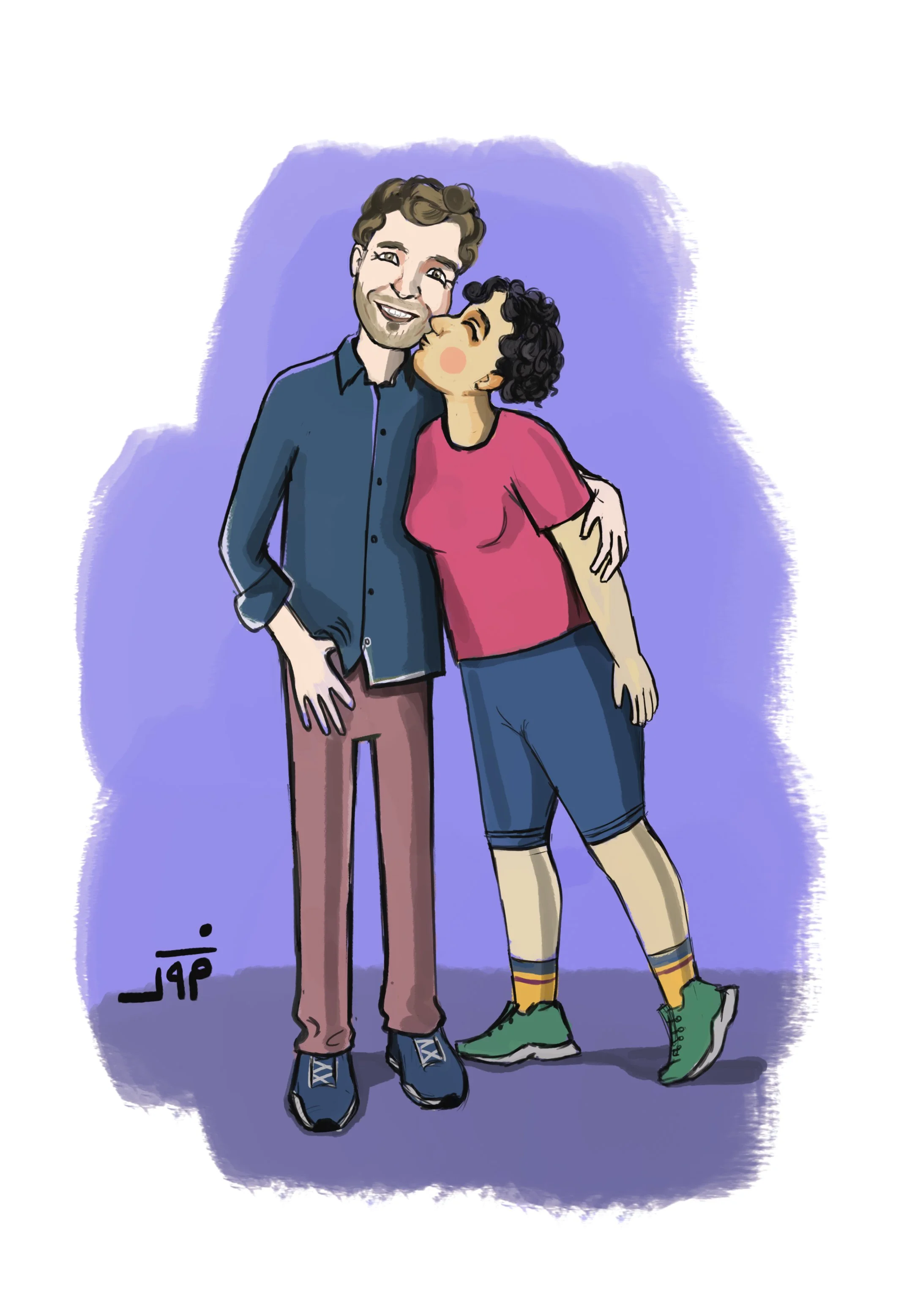 A cartoon of two young friends, one with curly black hair and the other with brown hair, sharing a hug and a kiss on the cheek. The young man wears a dark blue shirt and brown pants, and the young woman wears a pink t-shirt and blue shorts with yellow and black striped socks, and green sneakers. The background is purple.
