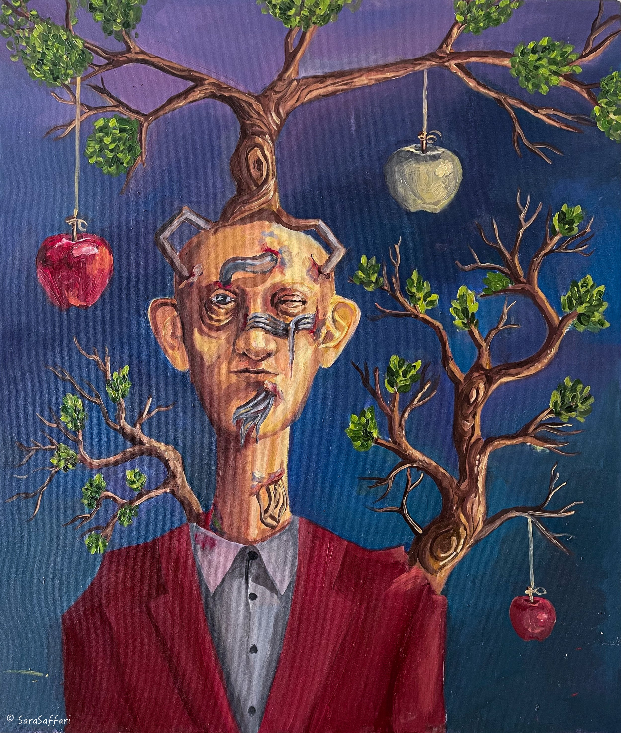 A surreal painting of a man with a tree growing from his head. The tree has green leaves, apples hanging from the branches, and a hanging lantern. The man's head is upside down, and he is dressed in a red jacket and gray shirt with black buttons. The