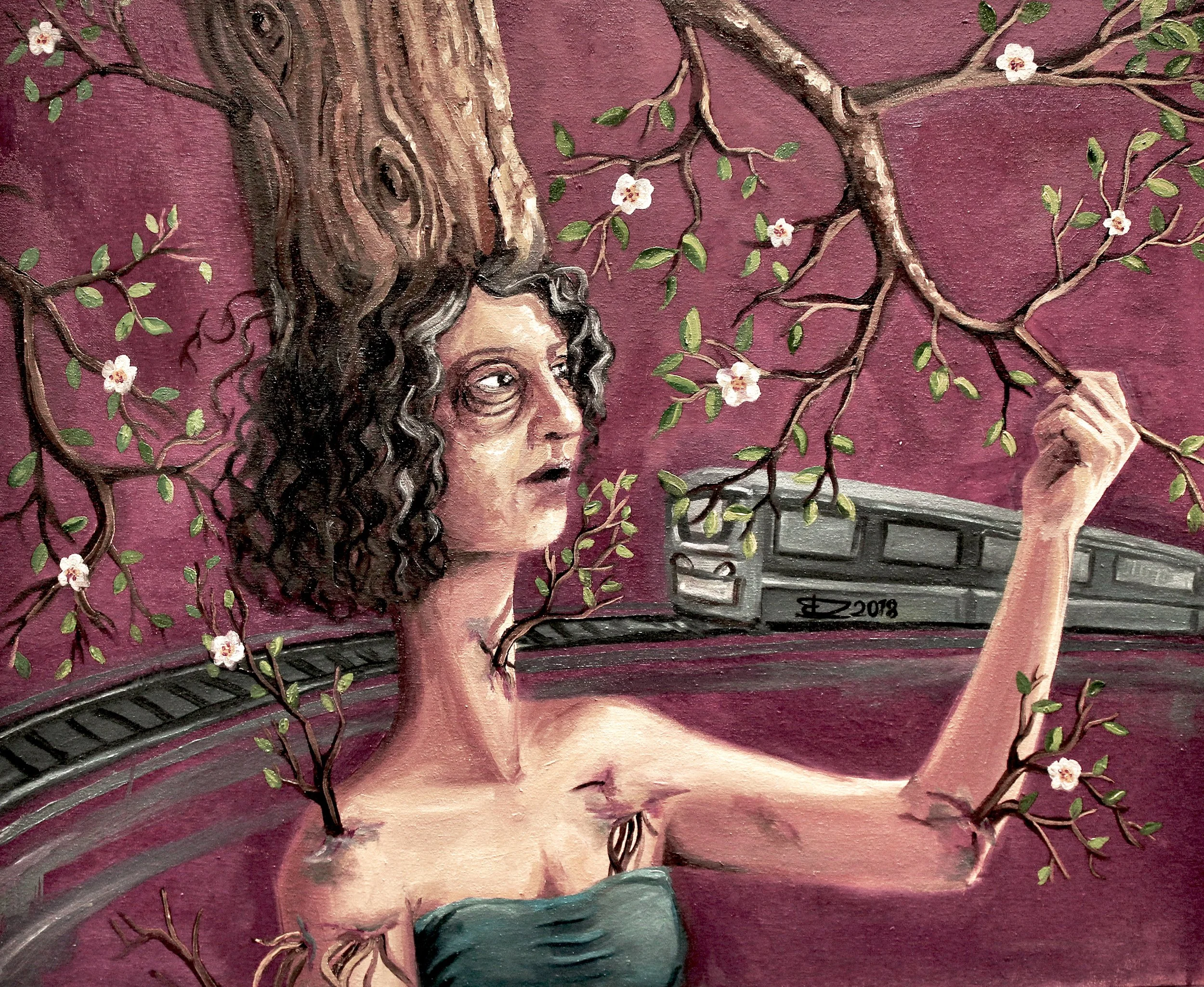 A painting of a woman with long, curly dark hair holding a branch of flowering blossoms against a dark pink background. The woman has a contemplative expression, and a part of her face is visible with her lips slightly parted. The artist's signature 