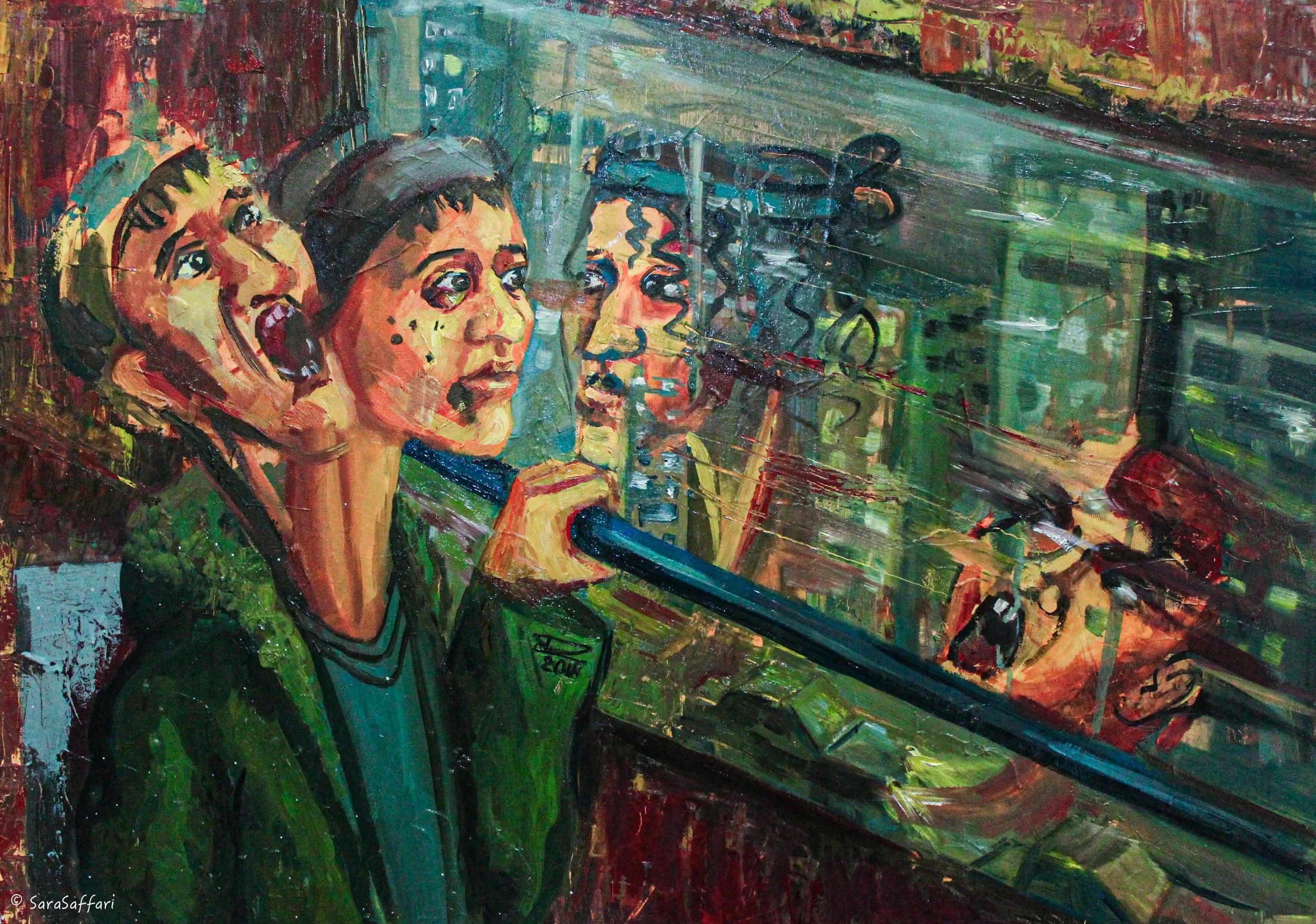 An abstract painting of four women in green jackets looking into a distance. They are painted with loose, expressive brushstrokes and vibrant colors.