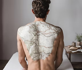 Back view of a shirtless man with a torso covered in a map design, sitting in a room with a shelf of bowls and plants.