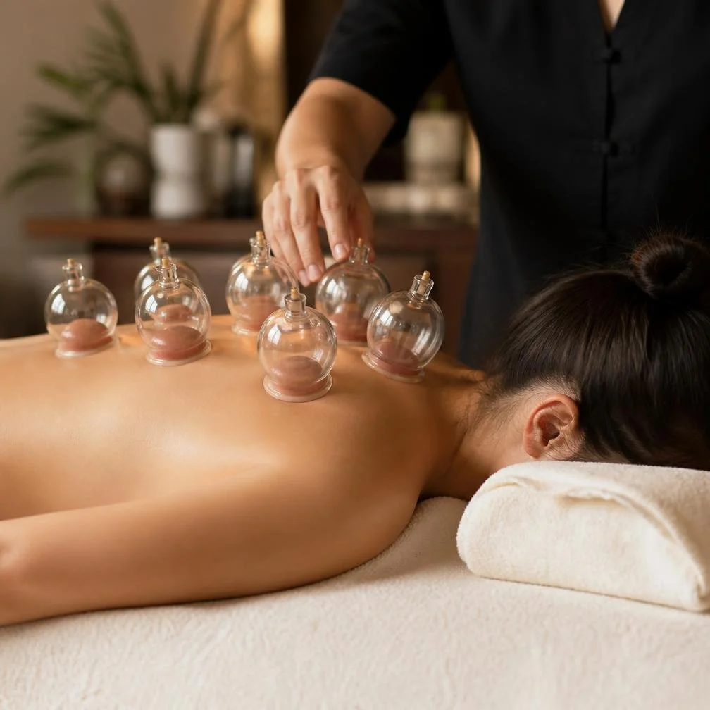 A woman receiving a cupping therapy treatment on her back with multiple glass cups placed along her spine.