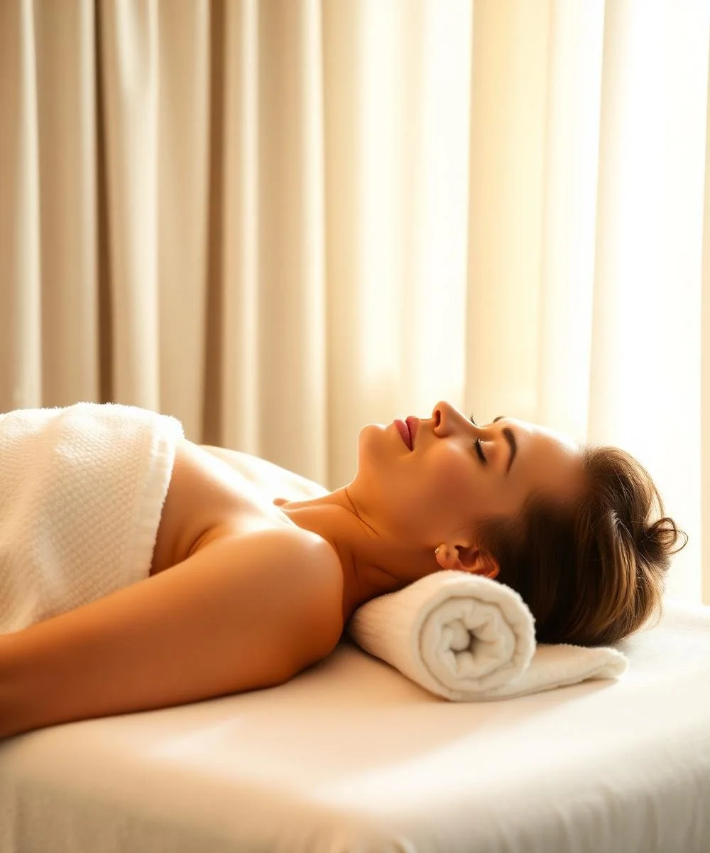 A woman is lying on her back on a massage table with a rolled towel under her head, possibly receiving a spa treatment or massage. She appears relaxed with her eyes closed, and there are cream-colored curtains in the background.