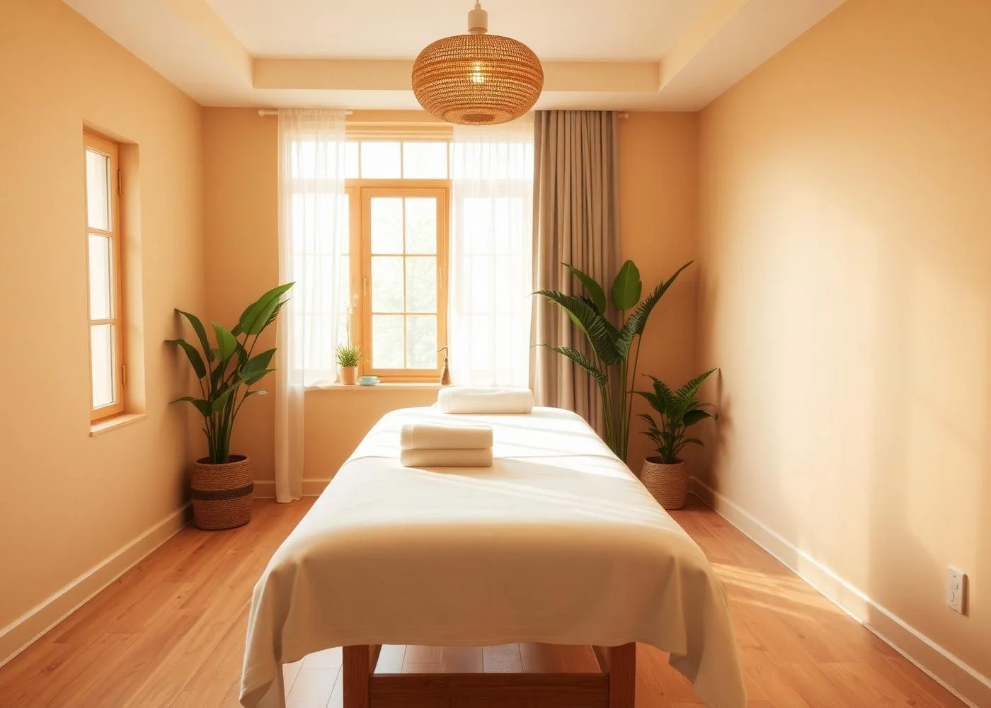 A minimalist massage room with a massage table covered in white sheets, a folded towel on top, surrounded by two potted plants, with a window letting in natural light and neutral-colored walls.