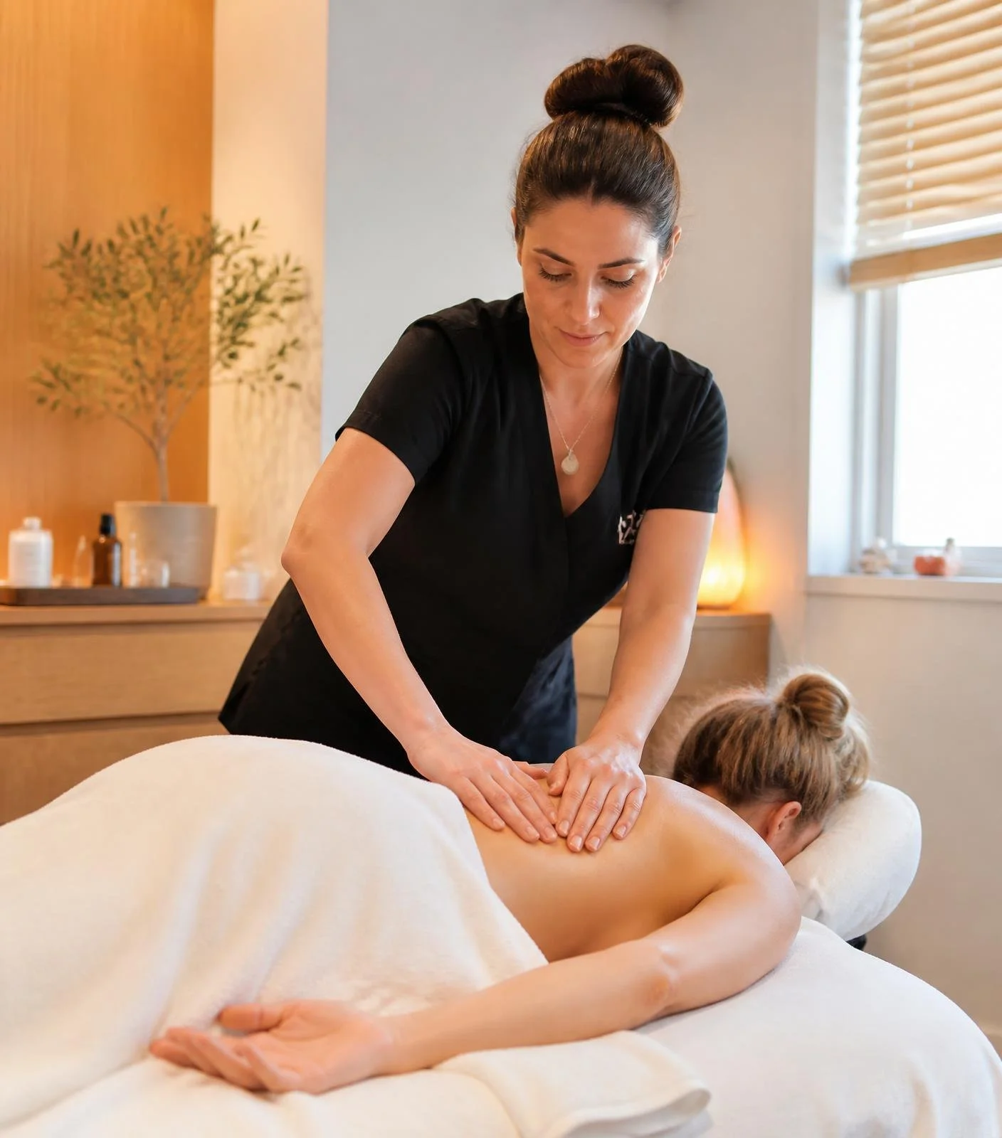 A massage therapist gives a back massage to a woman lying face down on a massage table in a spa room.