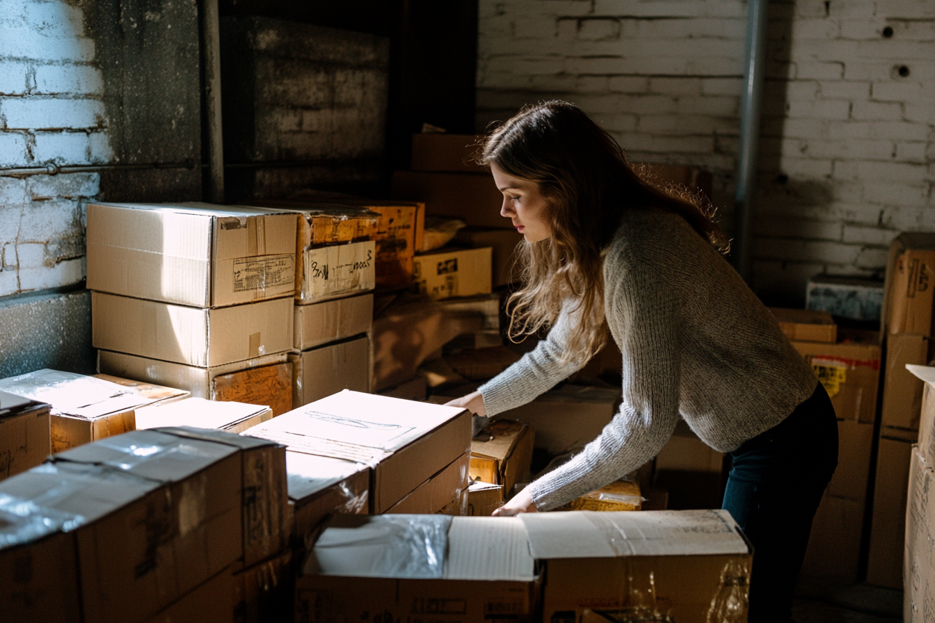 A woman organizing cardboard boxes in a warehouse with brick walls.