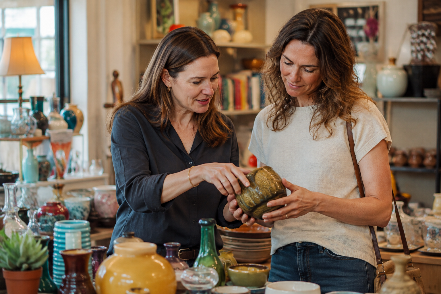 Two women examining a vintage ceramic piece together in a warm antique shop.