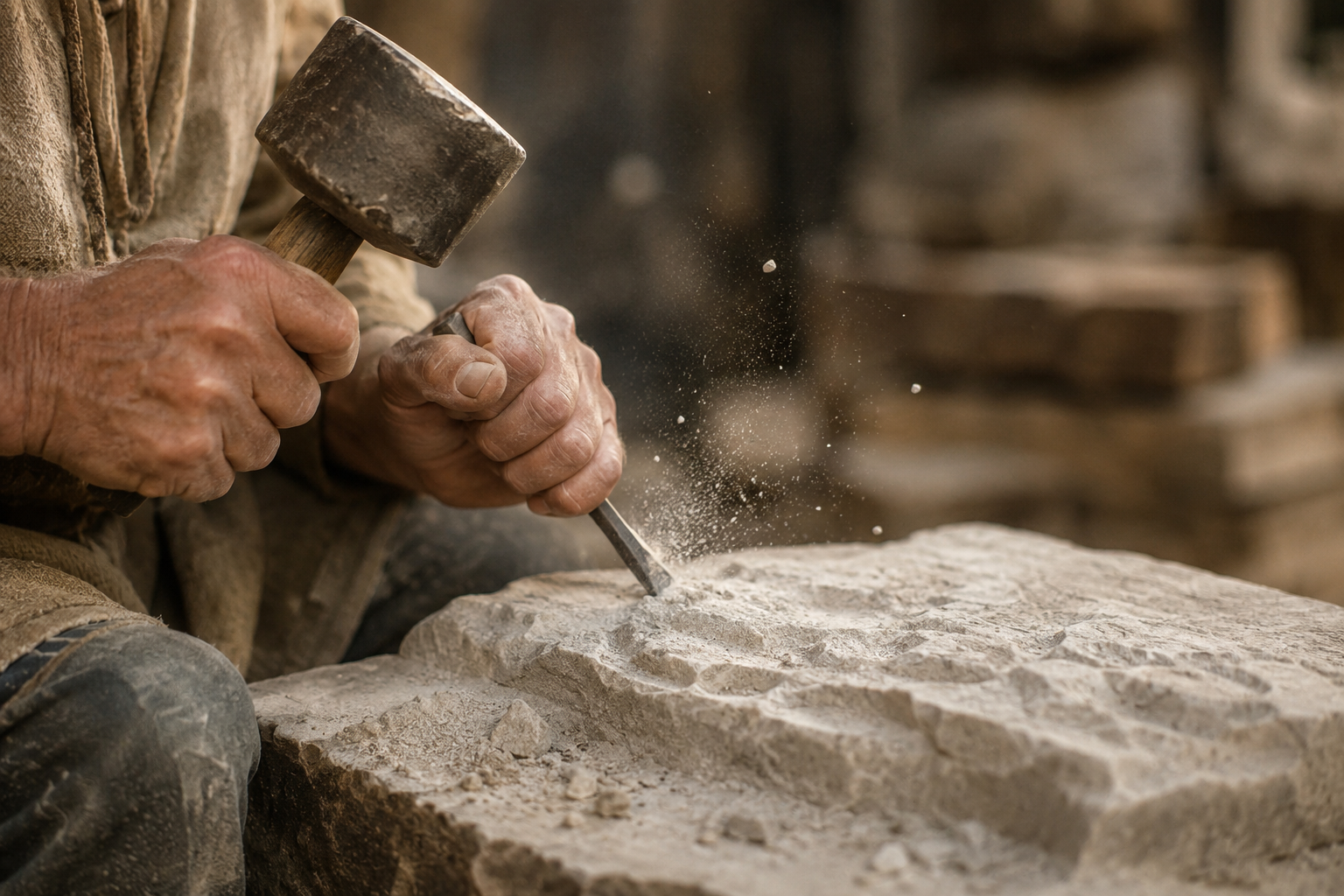 A person carving stone with a hammer and chisel, dust and debris flying off the stone surface.