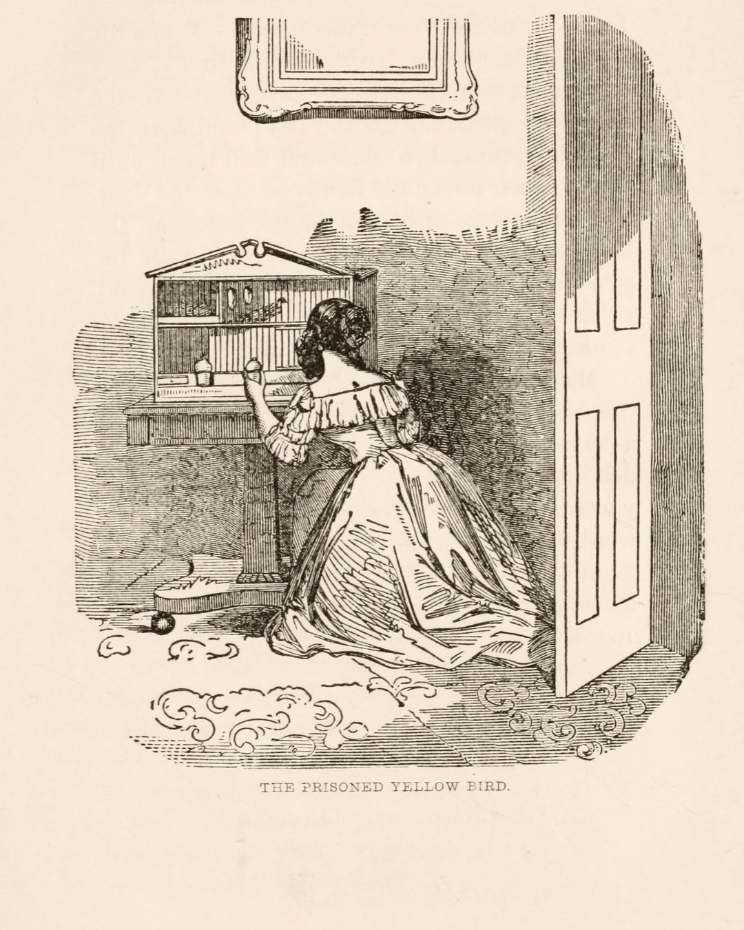 A vintage illustration of a woman kneeling before a birdcage, with the caption "The Prisoned Yellow Bird."
