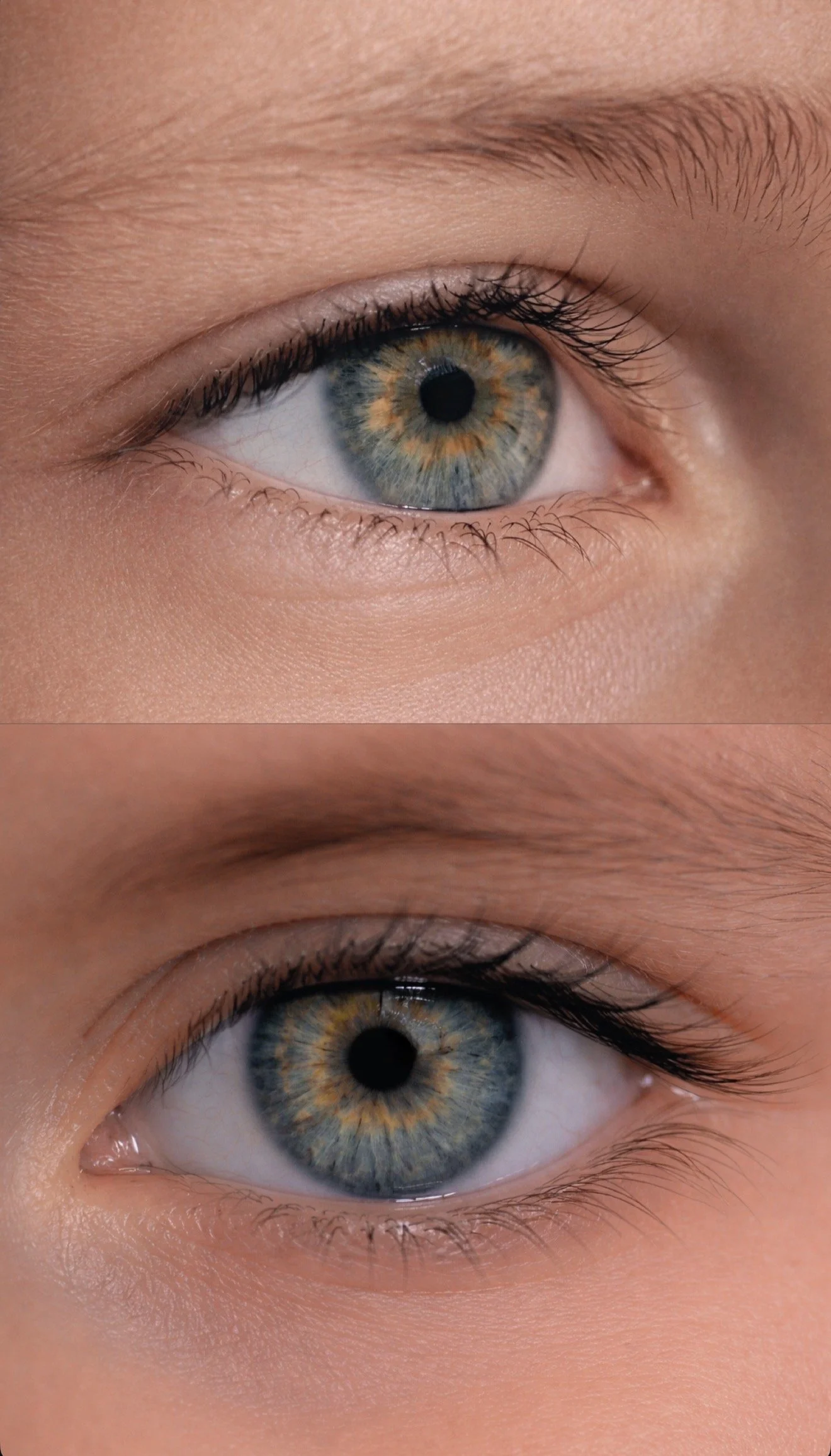 Deux images rapprochées d'yeux humains avec des iris gris bleus et des détails de la peau environnante.
