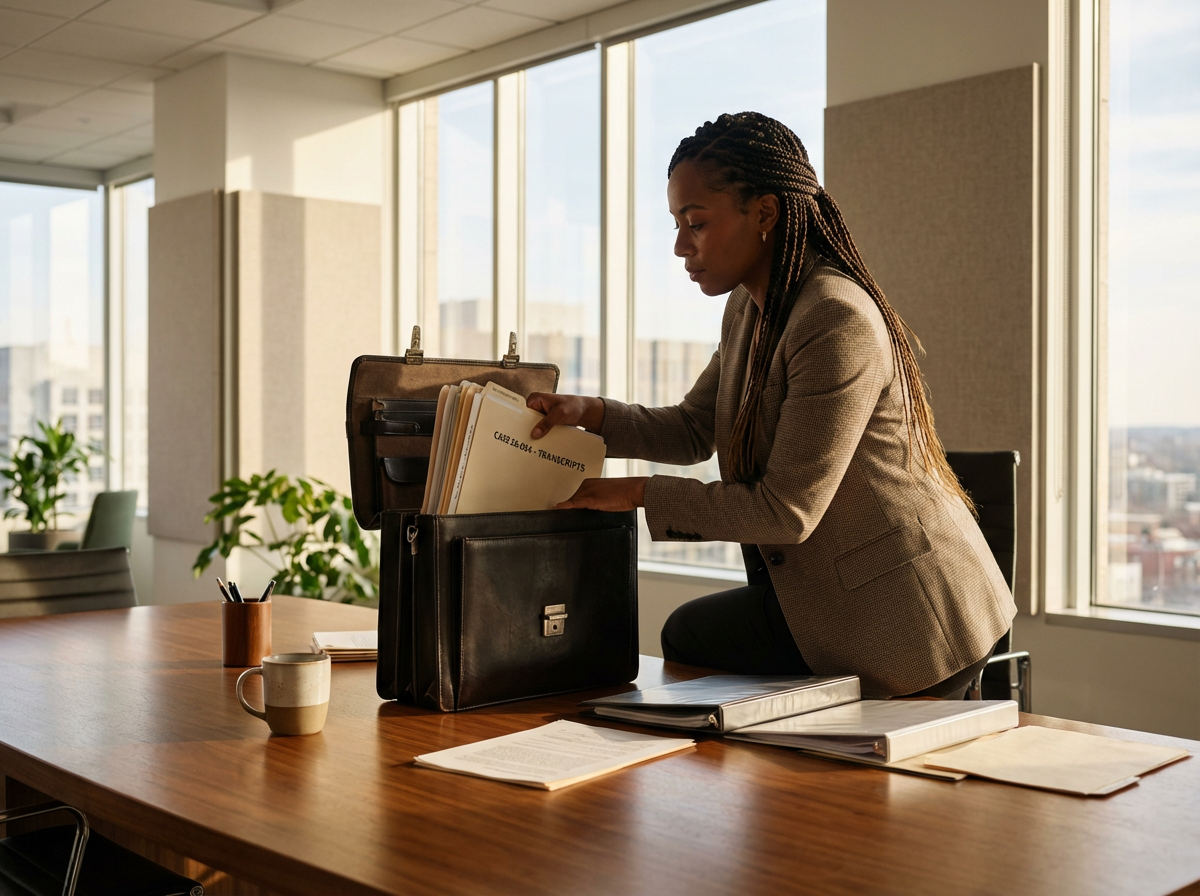 A woman in a beige blazer is organizing files labeled 'Care & Obs. Transcripts' inside a briefcase on a conference table. The room has large windows with a city view, and there are various office supplies and papers on the table.