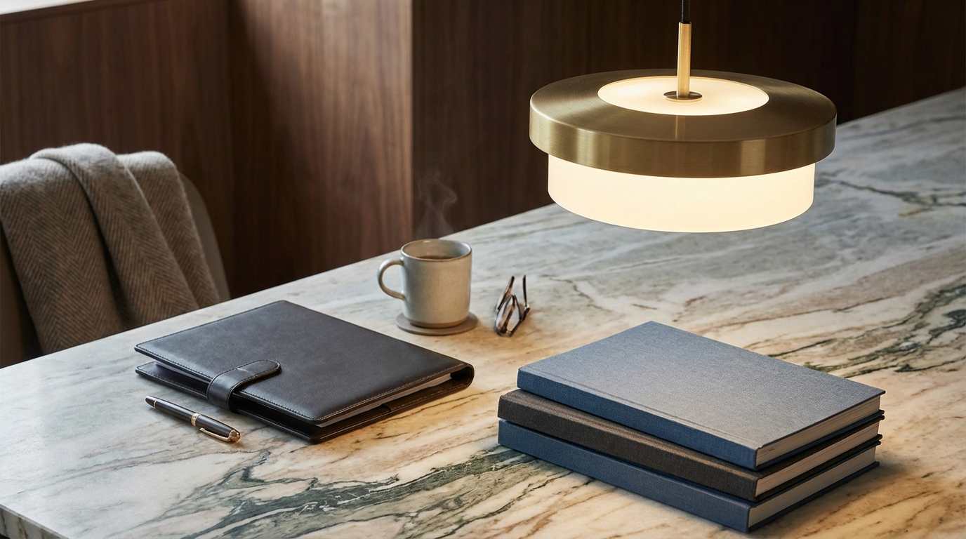Marble office desk with a black notebook, a silver pen, a coffee mug, a pair of glasses, and four stacked notebooks or folders, illuminated by a modern hanging light fixture.