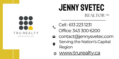 Business card for Jenny Svetec, a Realtor. Includes contact information, phone number, office number, email, website, and service region.