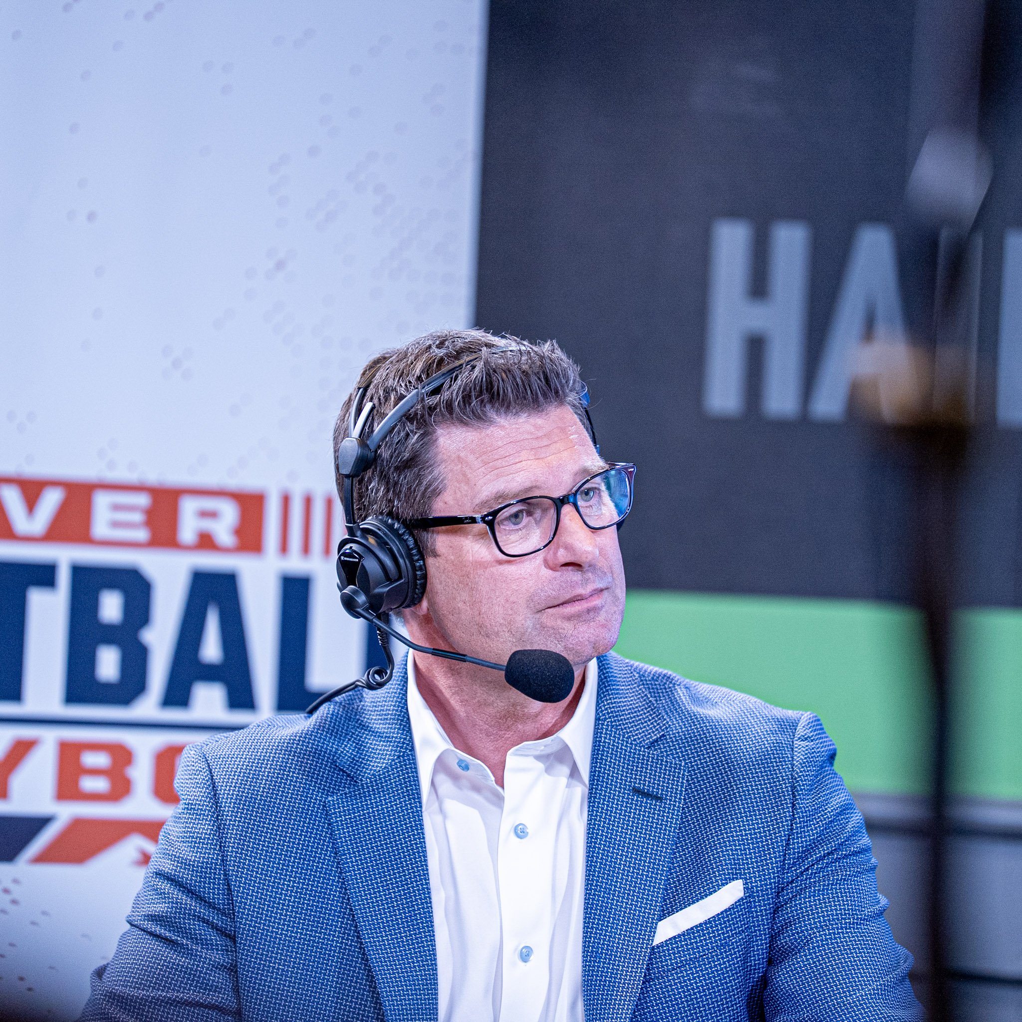 Arran Andersen  on stage during the first Denver Football Playbook live show in Westminster, Colorado