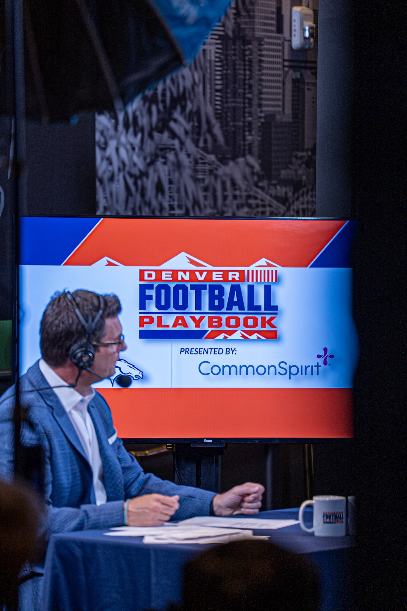 Host Arran Andersen during the first live taping of Denver Football Playbook at Dave & Busters - Westminster