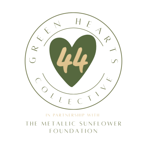 Logo for Green Hearts Collective featuring a green heart with the number 44 inside, and text indicating a partnership with the Metallic Sunflower Foundation.