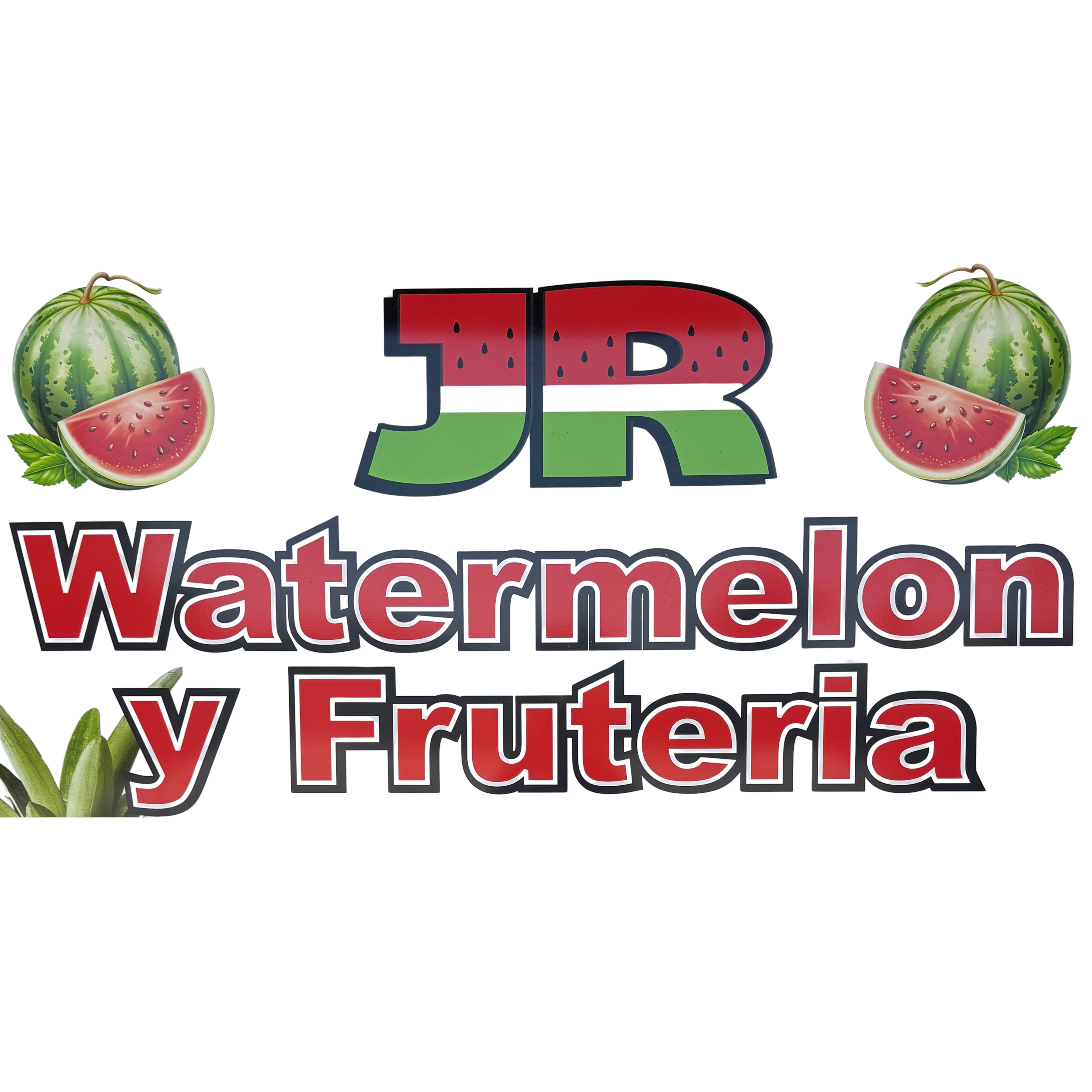 A colorful sign with watermelon theme, featuring large red and green lettering reading 'Watermelon' surrounded by images of whole and sliced watermelons, and green leaves.