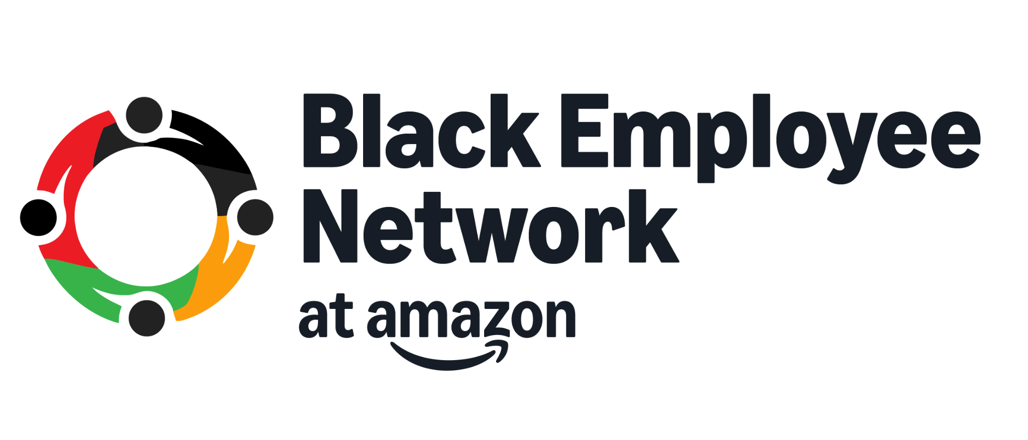 Logo of Black Employee Network at Amazon, featuring a circular design with four person silhouettes in black, red, yellow, and green colors, around the text 'Black Employee Network at amazon' in dark font.