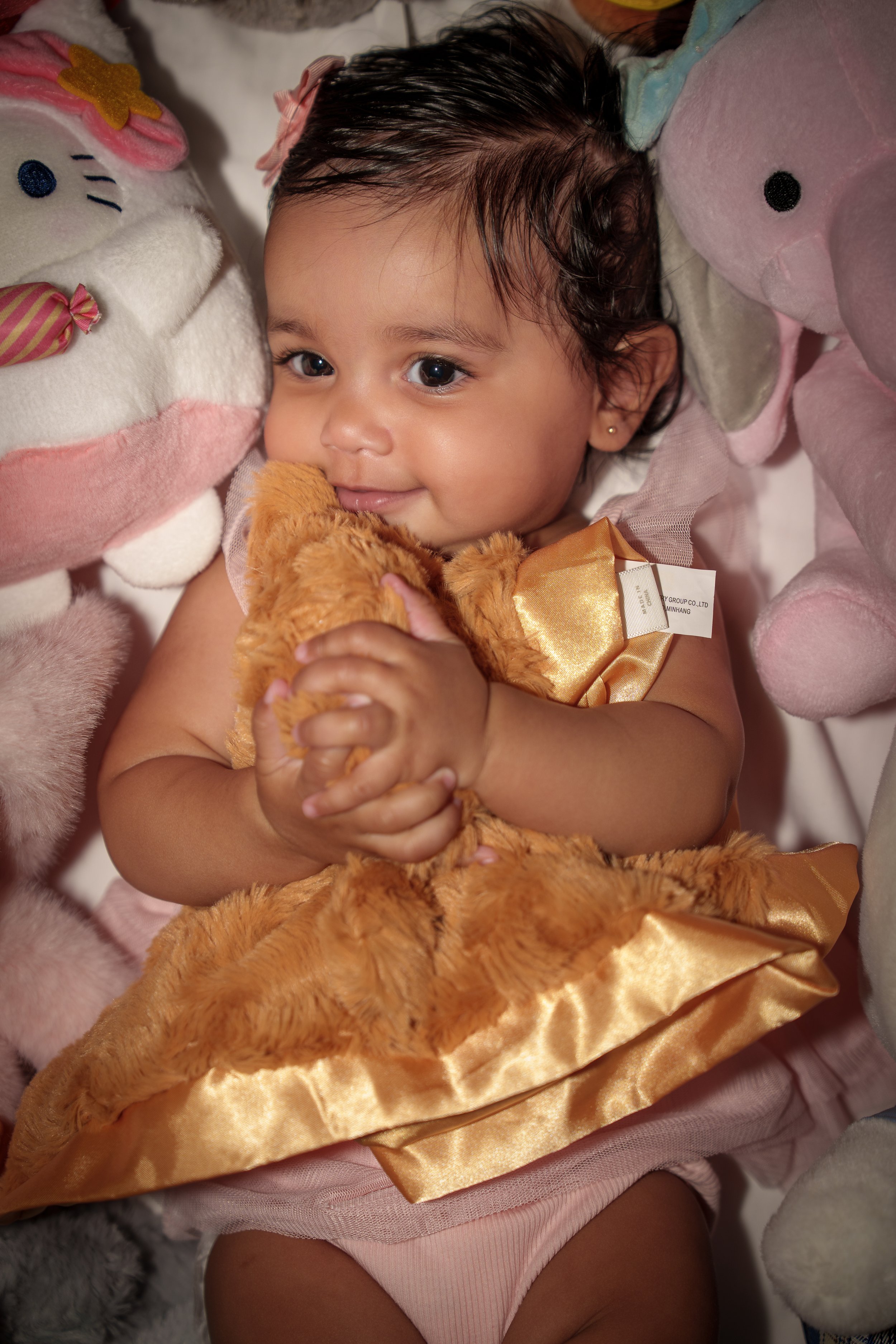 Baby resting among soft toys holding a gold blanket, newborn and baby photographer Fort Mill SC