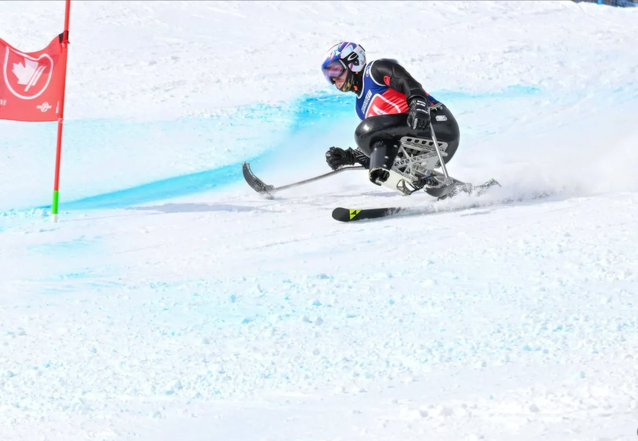 Adaptive sit-skier competing on a snowy racecourse.