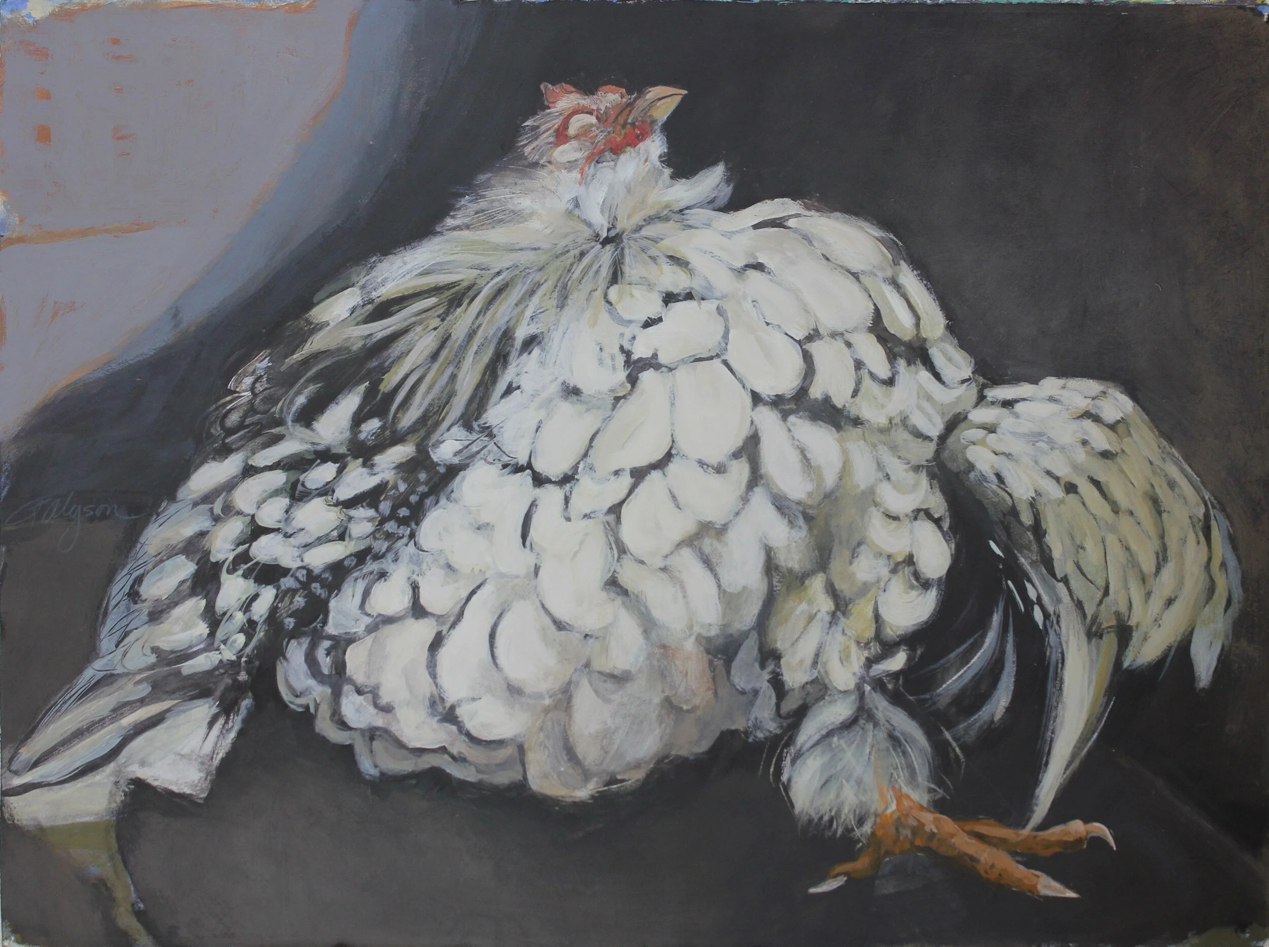Dying Hen, acrylic on paper