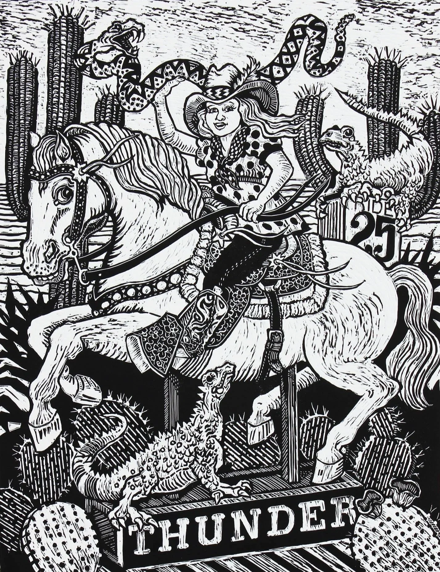 Cowgirl Dreams, linoleum cut