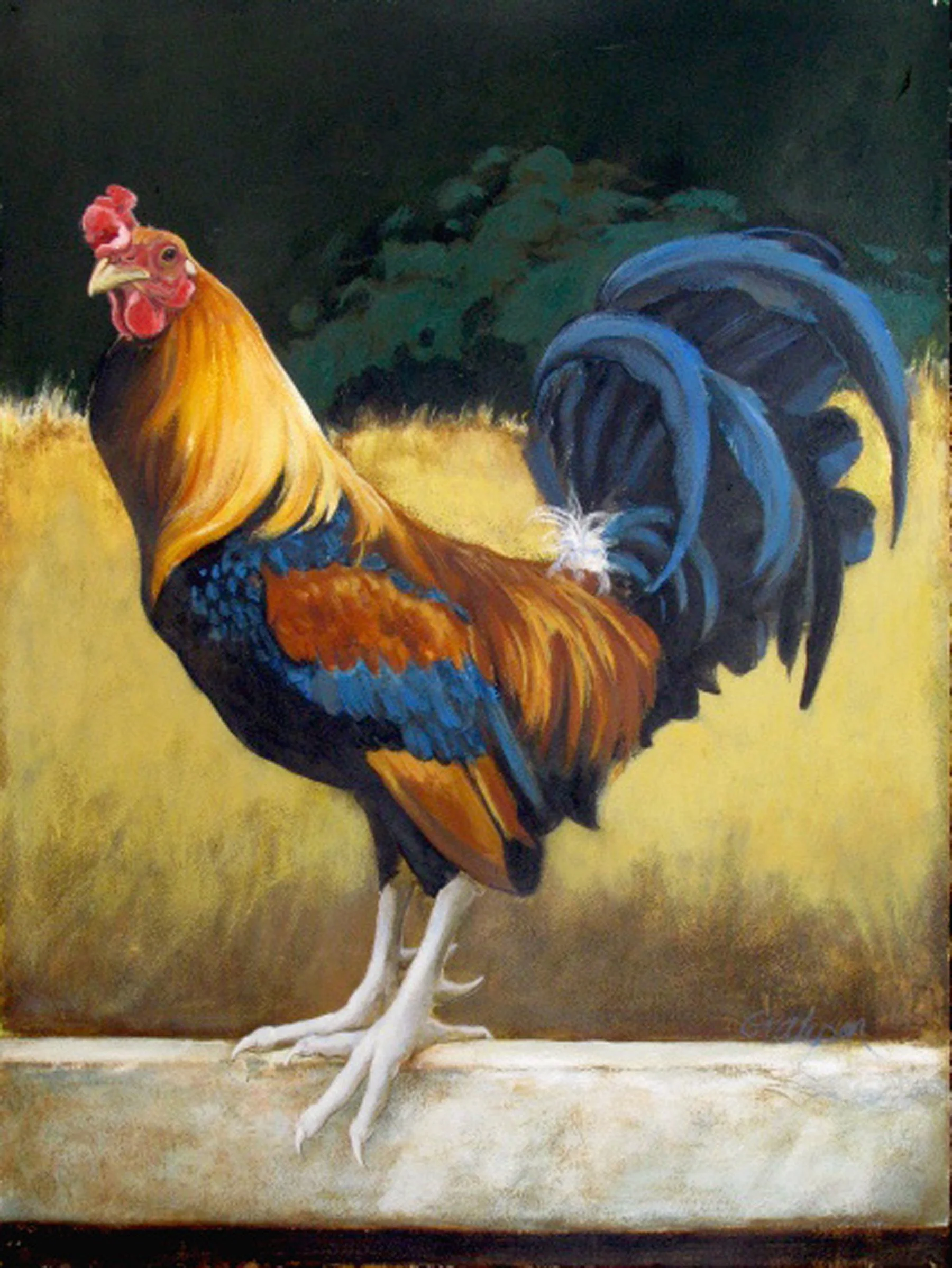 Rooster on White Plank, oil on wood