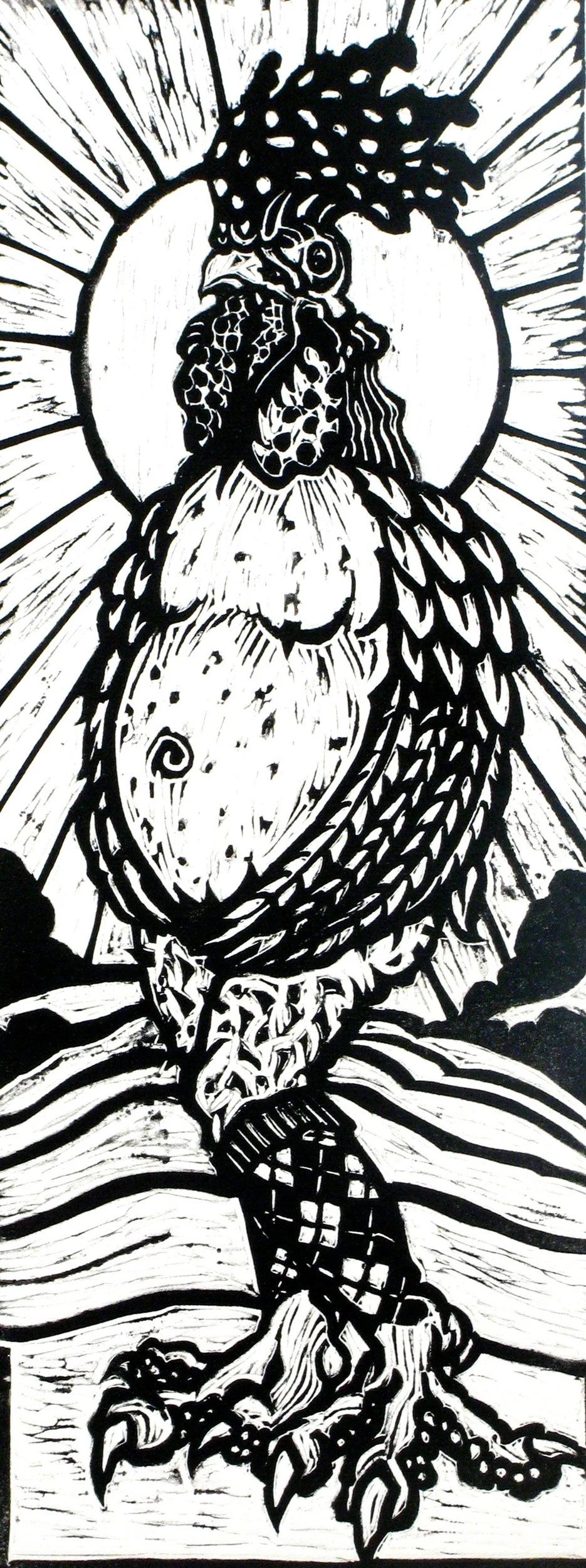 Still Crowin', linoleum cut