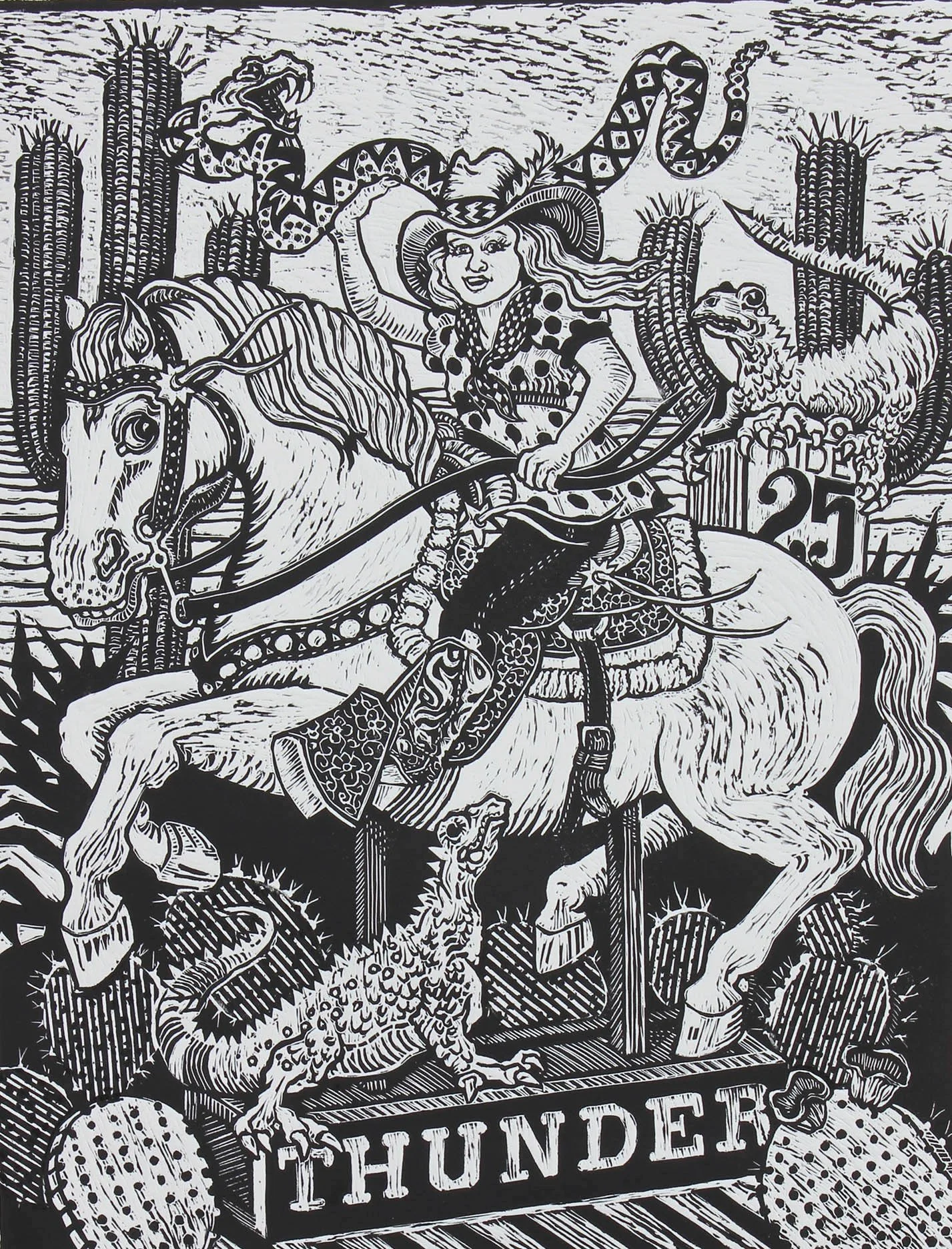 Cowgirl Dreams, linoleum cut