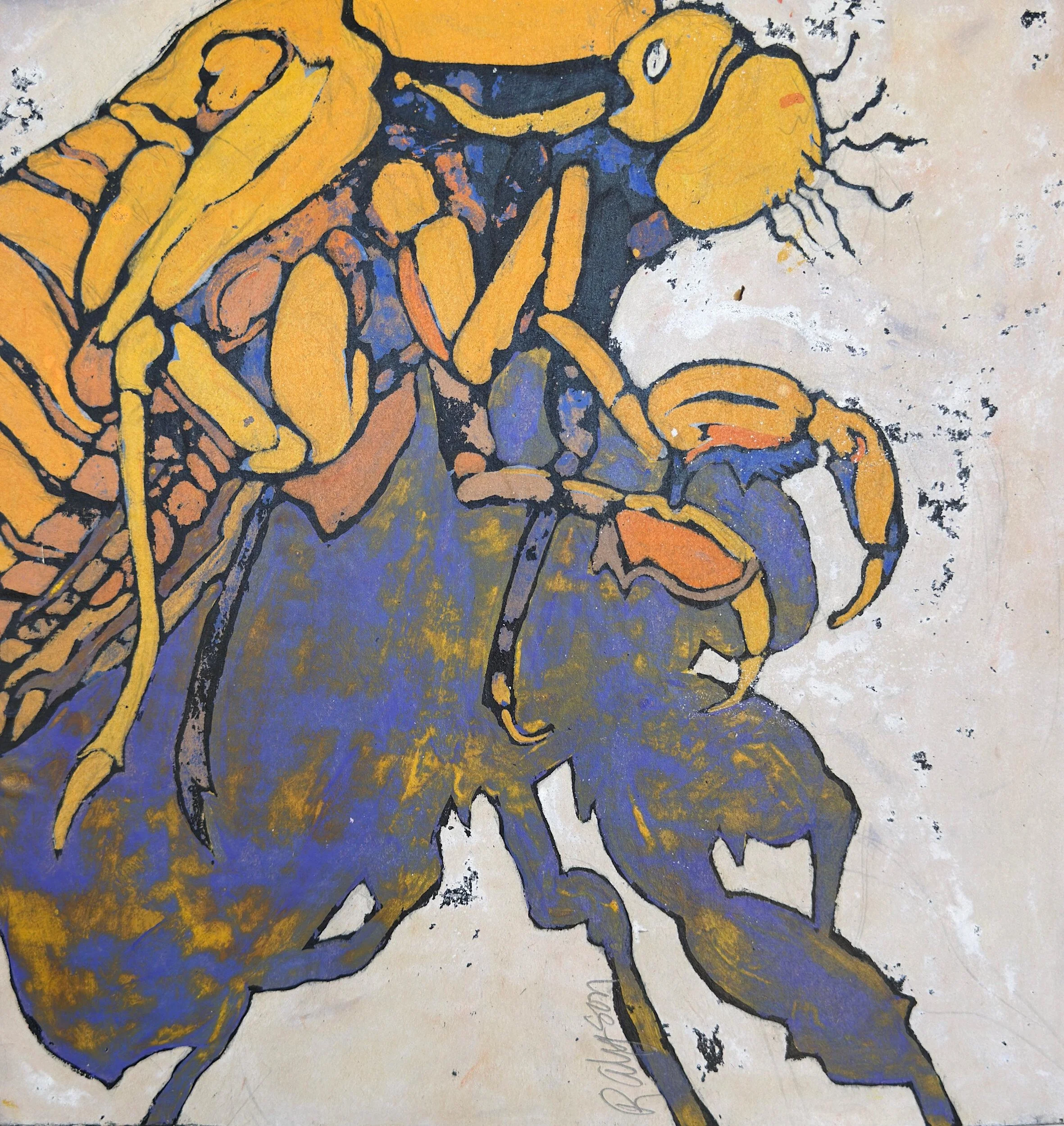 Orange Cicada, tempera resist on paper