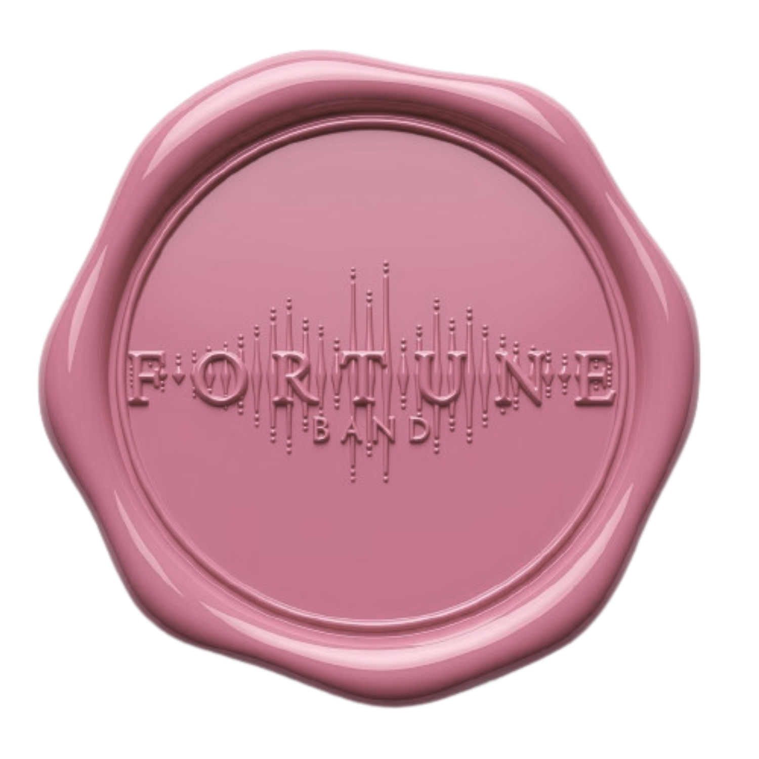 Pink wax seal with embossed text reading 'Fortune' and 'Band' and a decorative line of dots.